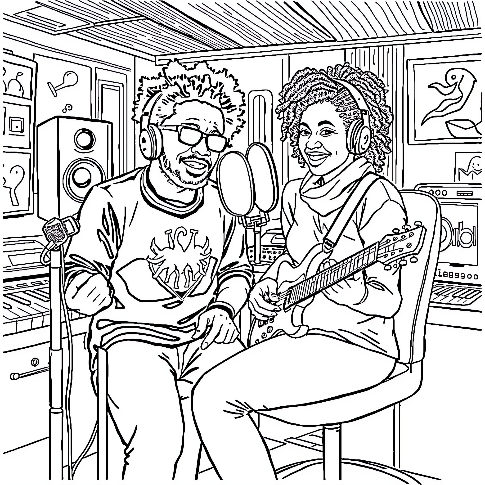 Sipho and Lindi's Musical Jam Session Coloring Page (free black-and-white line drawing printable PDF for all, from beginners to advanced learners, including children, teens, adults, and seniors)