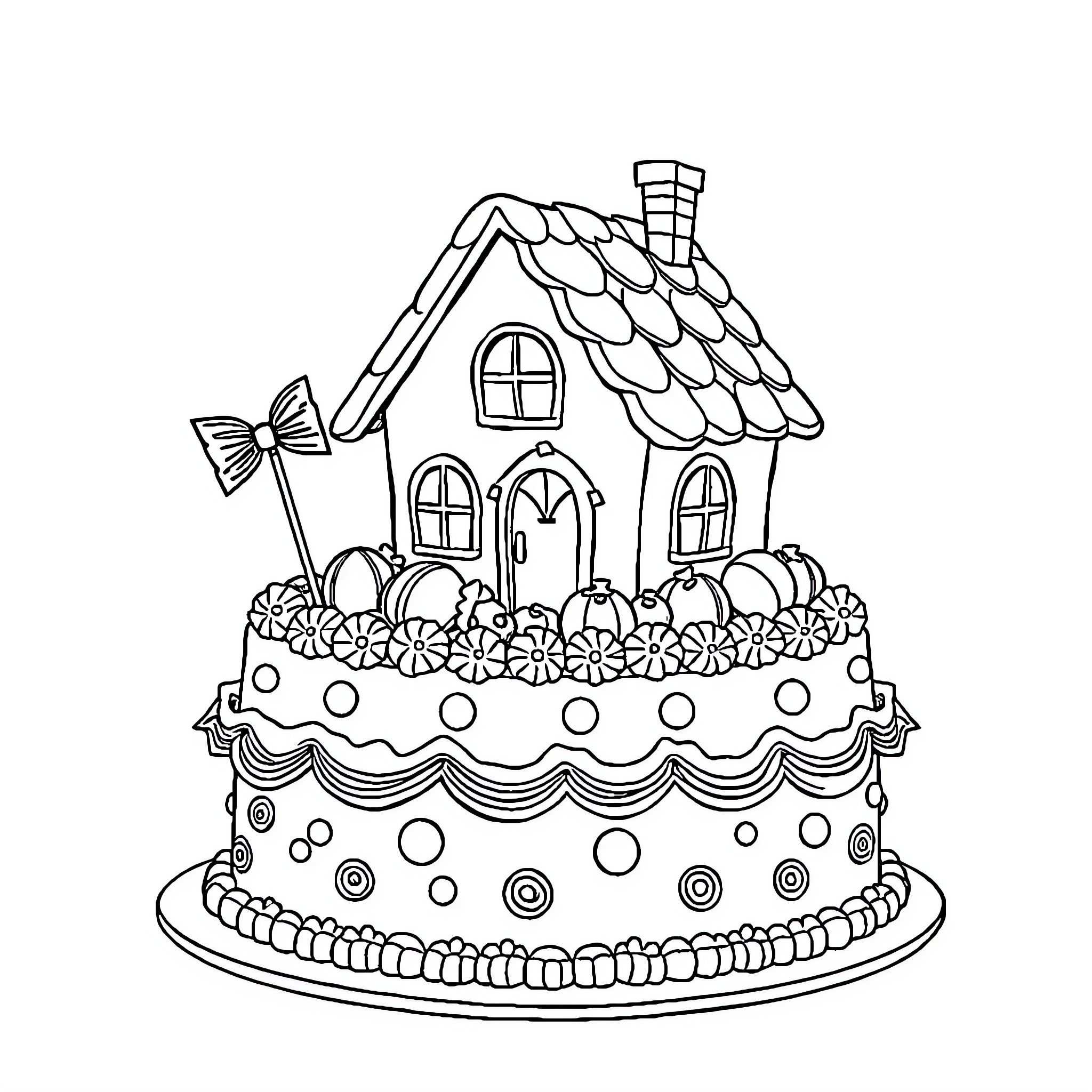 House with Decorative Cake and Garden Elements Coloring Page (free black-and-white line drawing printable PDF for all, from beginners to advanced learners, including children, teens, adults, and seniors)
