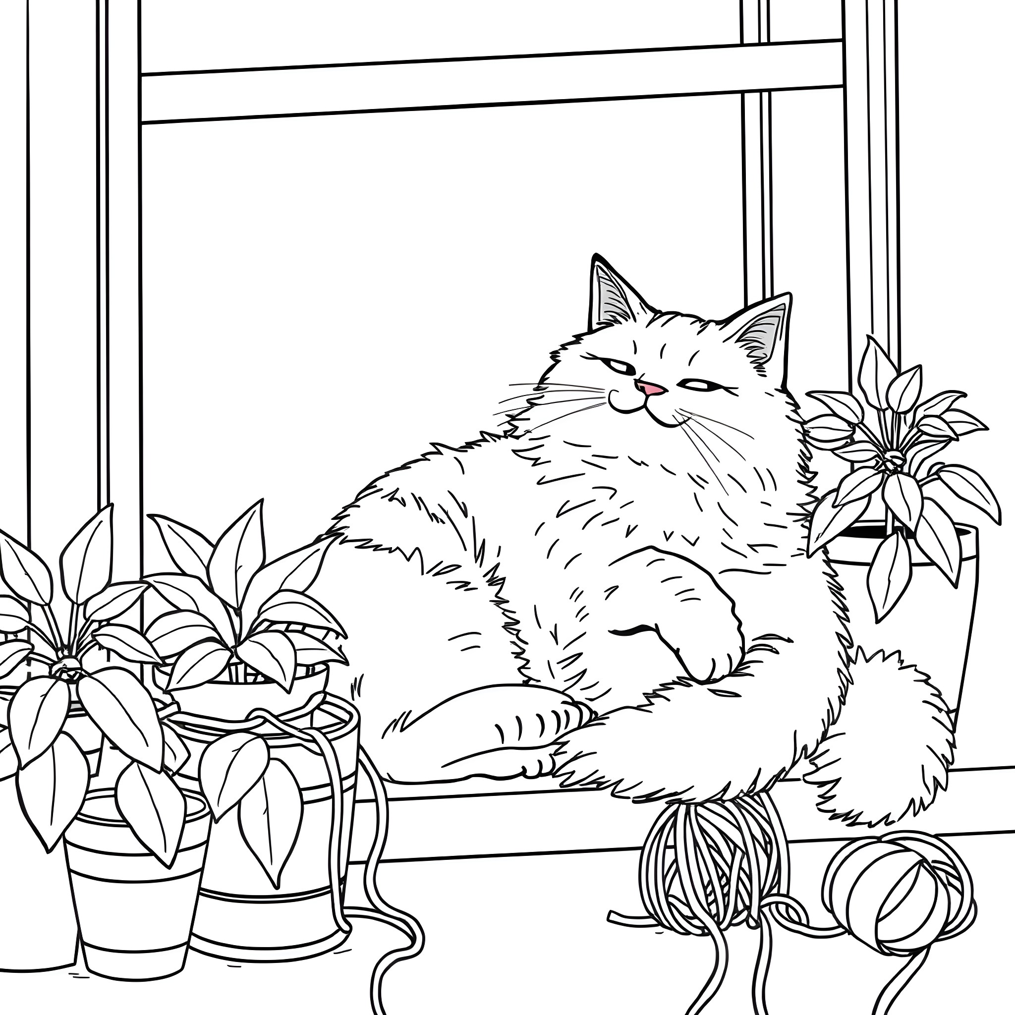 Cat enjoying the view from the window Coloring Page (free black-and-white line drawing printable PDF for all, from beginners to advanced learners, including children, teens, adults, and seniors)