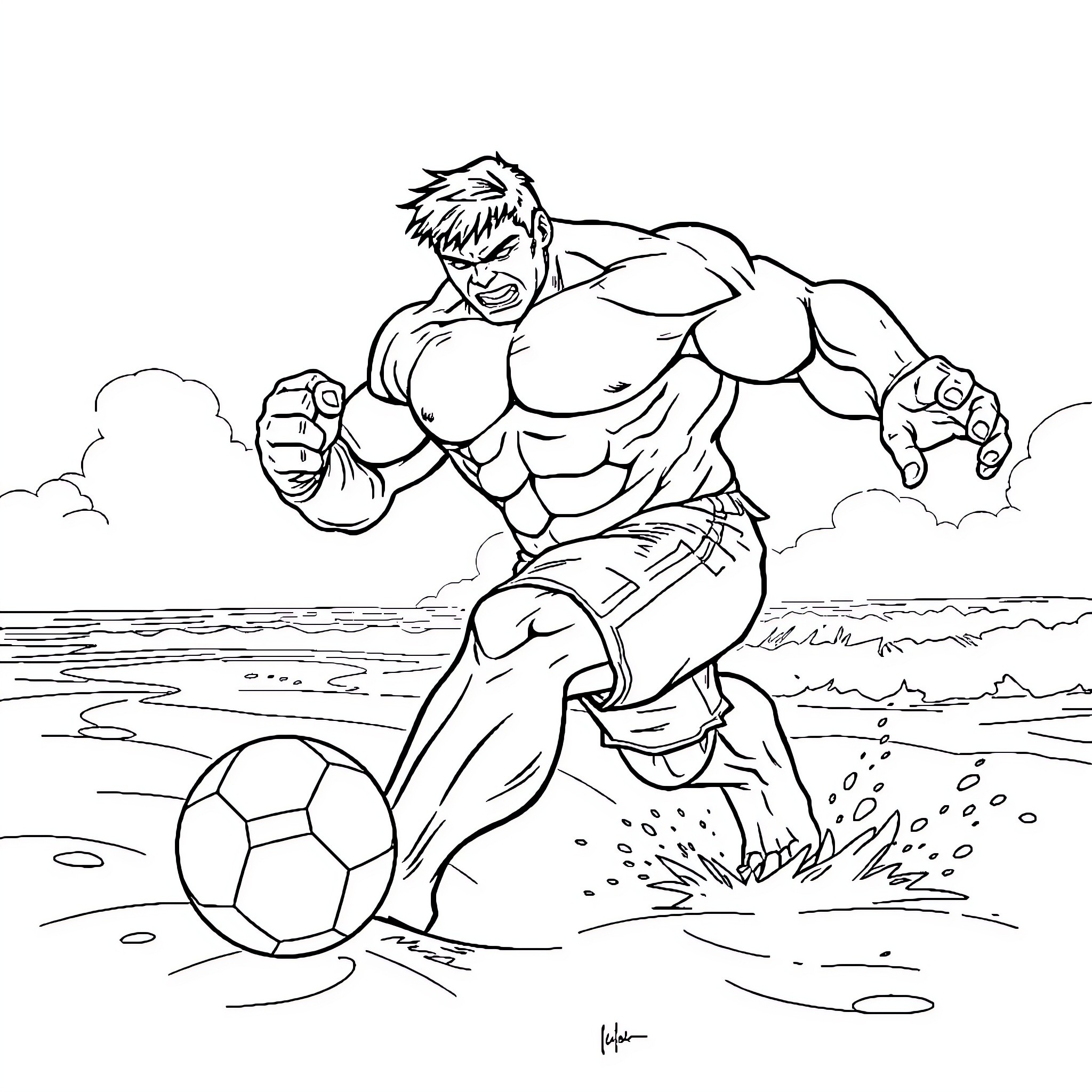 Hulk Playing Soccer on the Beach Coloring Page (free black-and-white line drawing printable PDF for all, from beginners to advanced learners, including children, teens, adults, and seniors)