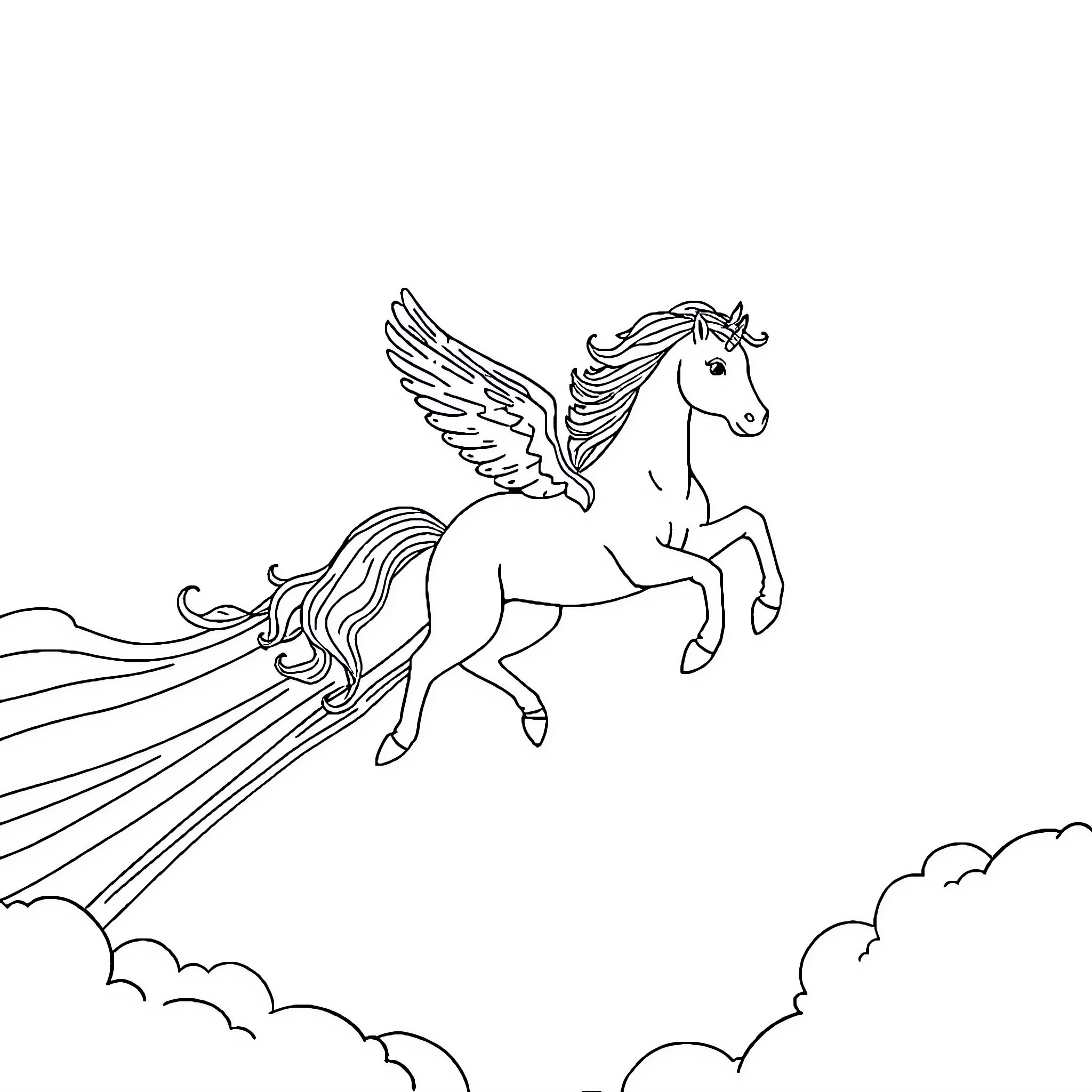 Unicorn soaring through the clouds Coloring Page (free black-and-white line drawing printable PDF for all, from beginners to advanced learners, including children, teens, adults, and seniors)