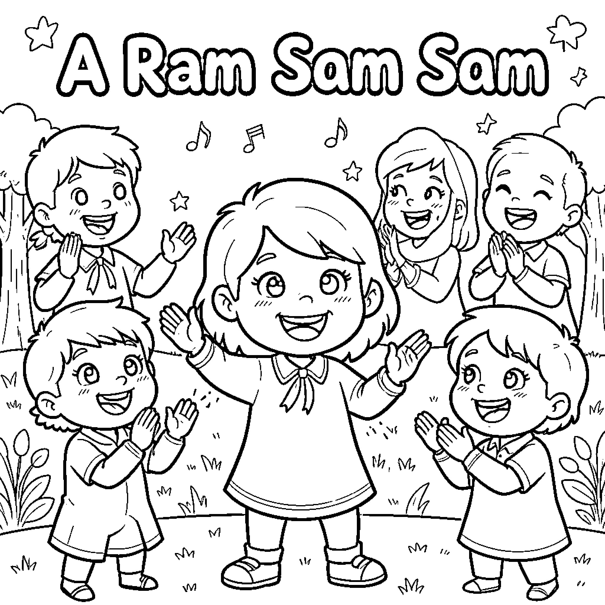 Ram Sam Sam children dancing and clapping together Coloring Page (free black-and-white line drawing printable PDF for all, from beginners to advanced learners, including children, teens, adults, and seniors)