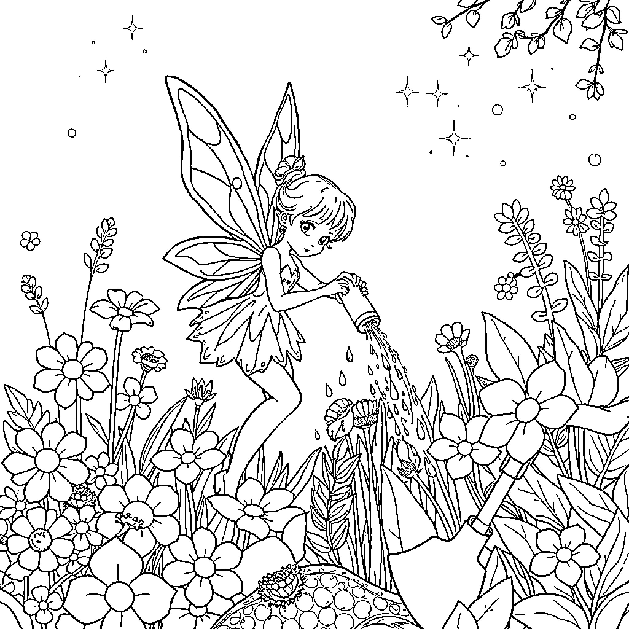 Fairy watering flowers in a whimsical garden Coloring Page (free black-and-white line drawing printable PDF for all, from beginners to advanced learners, including children, teens, adults, and seniors)