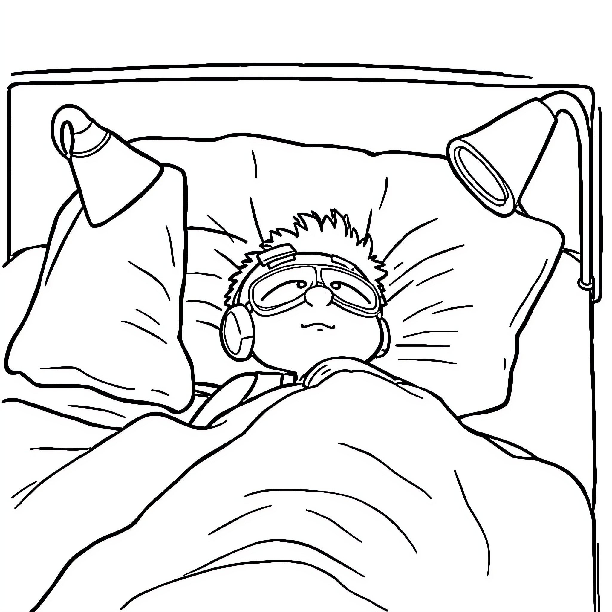 Bluey resting comfortably in bed Coloring Page (free black-and-white line drawing printable PDF for all, from beginners to advanced learners, including children, teens, adults, and seniors)