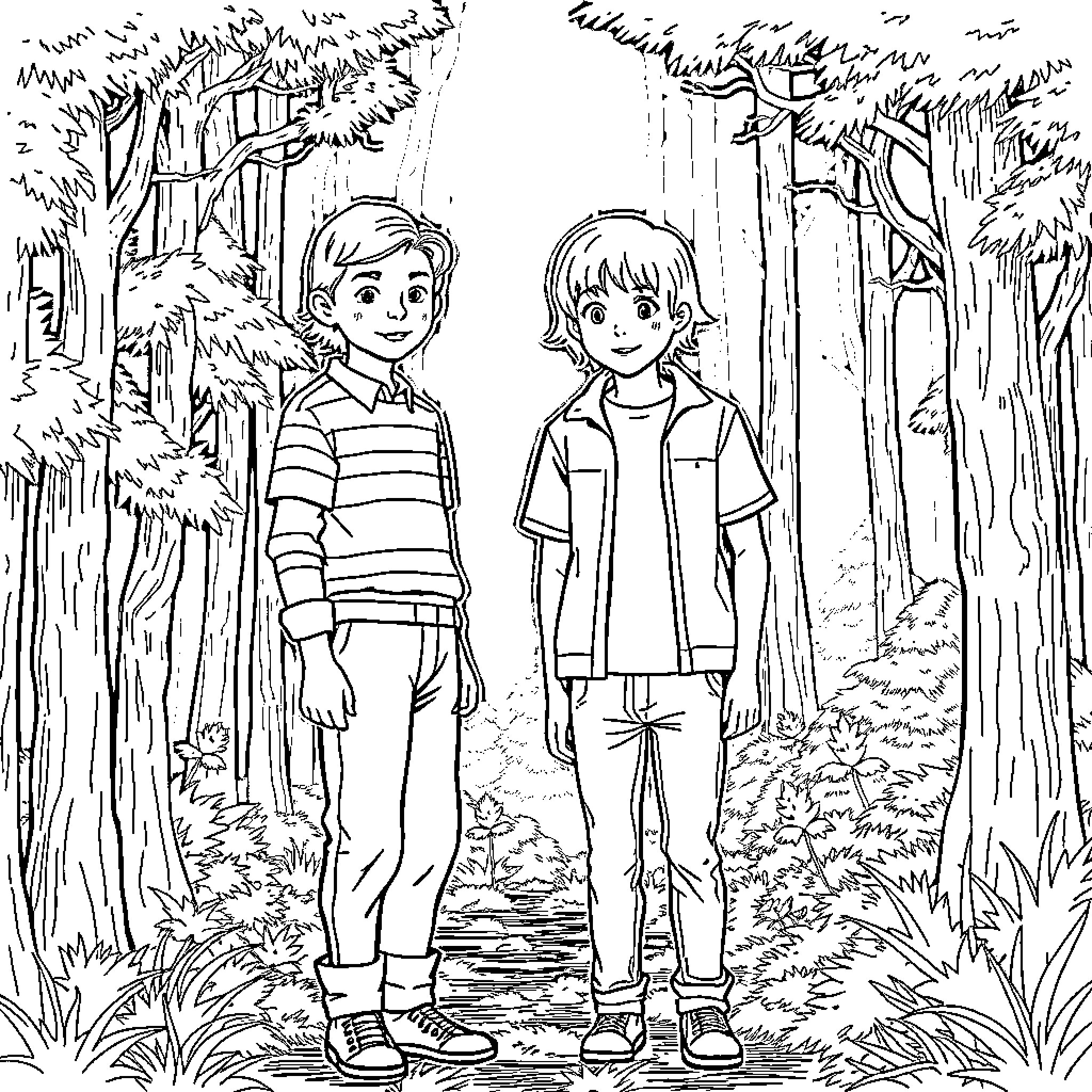 Eleven boys exploring the forest path Coloring Page (free black-and-white line drawing printable PDF for all, from beginners to advanced learners, including children, teens, adults, and seniors)