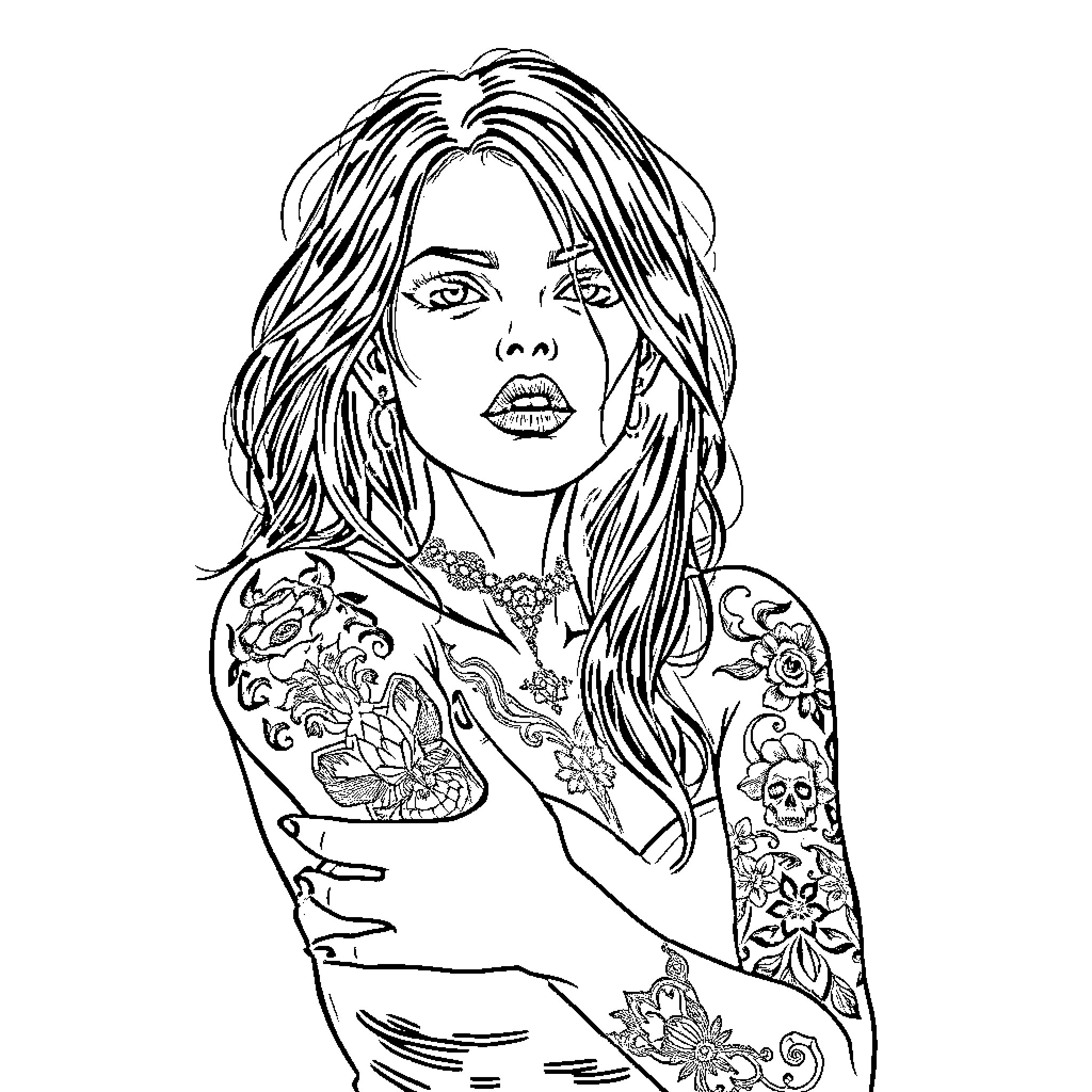 Vampire woman with tattoos and long hair Coloring Page (free black-and-white line drawing printable PDF for all, from beginners to advanced learners, including children, teens, adults, and seniors)