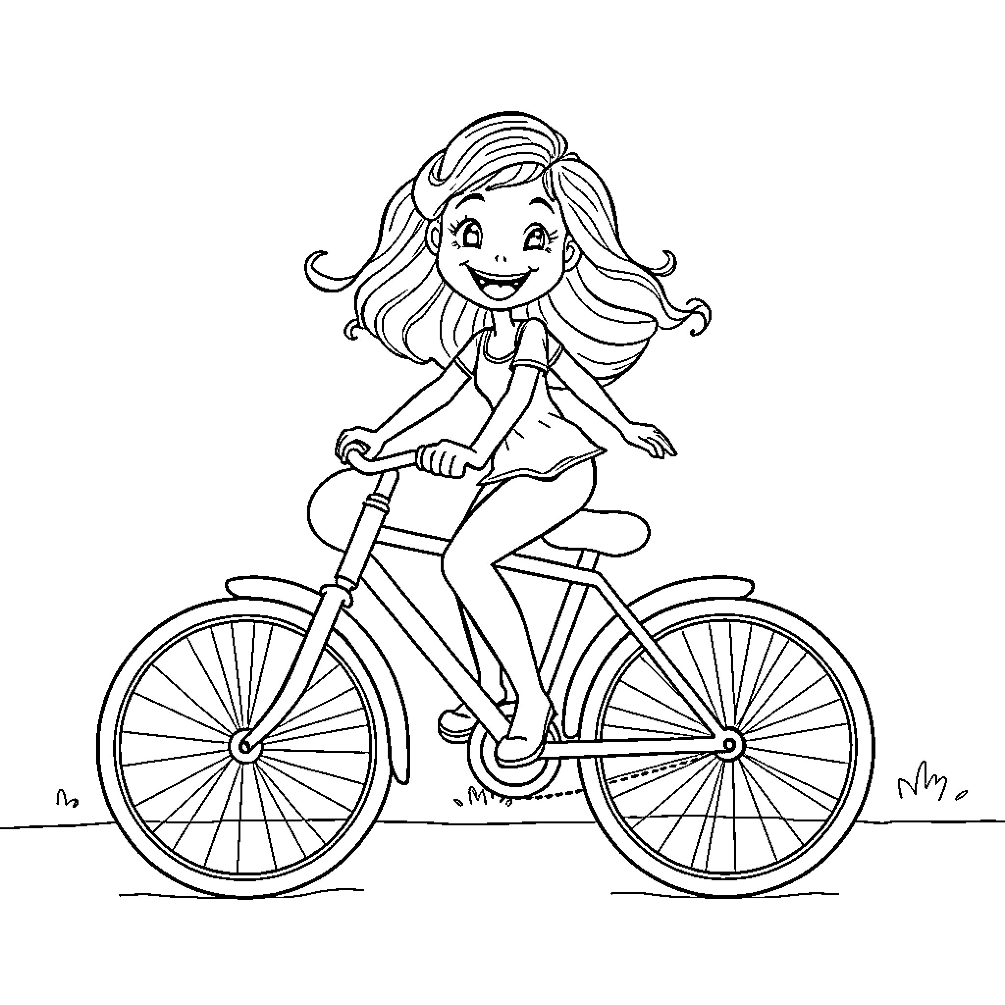 Bluey riding a bicycle with a cheerful expression Coloring Page (free black-and-white line drawing printable PDF for all, from beginners to advanced learners, including children, teens, adults, and seniors)