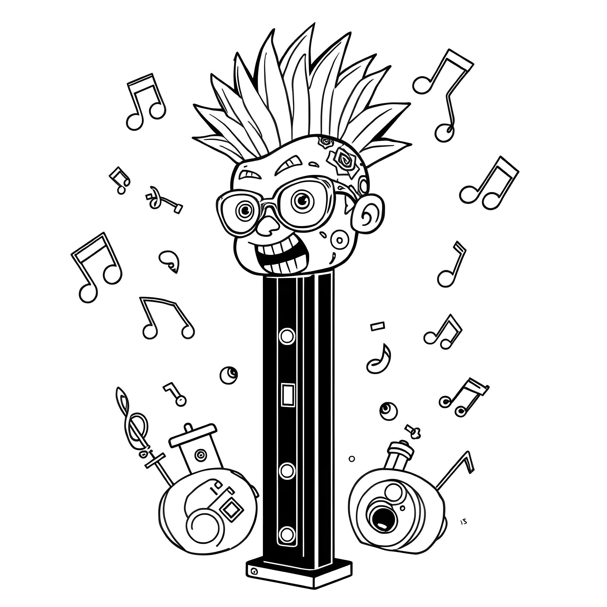 Pez Dispenser with Quirky Musical Expression Coloring Page (free black-and-white line drawing printable PDF for all, from beginners to advanced learners, including children, teens, adults, and seniors)
