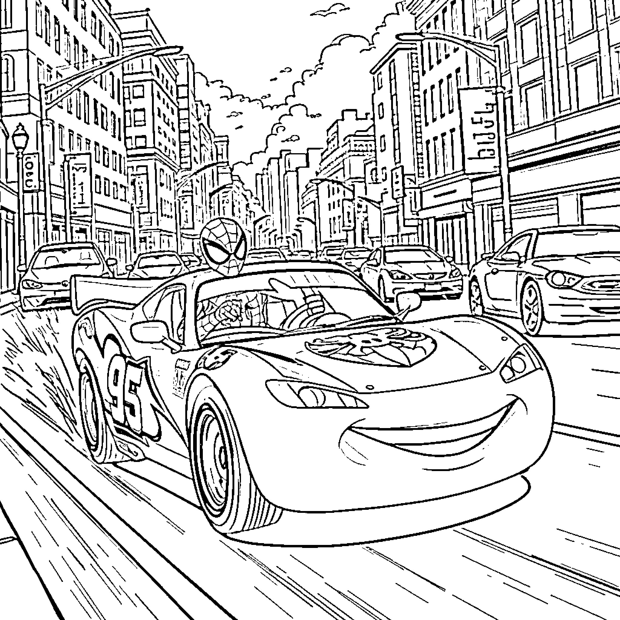 Spider-Man swinging through the city in a race car Coloring Page (free black-and-white line drawing printable PDF for all, from beginners to advanced learners, including children, teens, adults, and seniors)