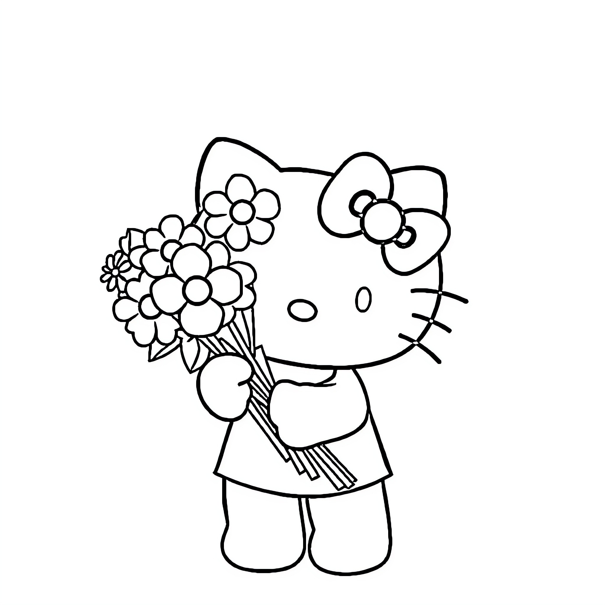 Hello Kitty Holding Flower Bouquet Coloring Page (free black-and-white line drawing printable PDF for all, from beginners to advanced learners, including children, teens, adults, and seniors)