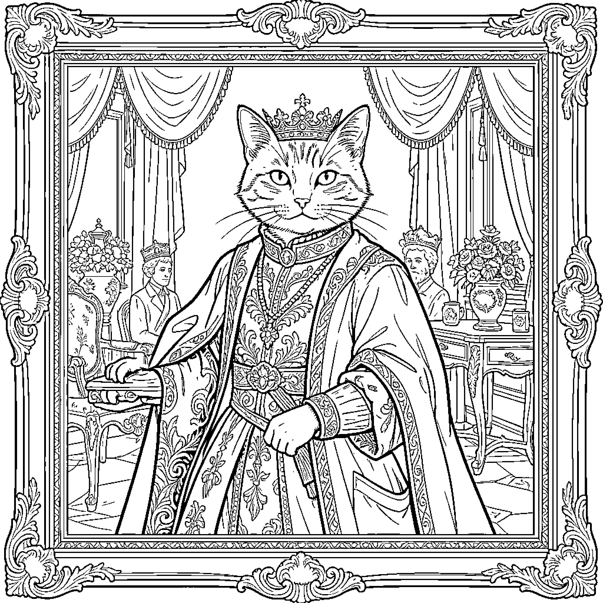 Cat Monarch in Ornate Palace Setting Coloring Page (free black-and-white line drawing printable PDF for all, from beginners to advanced learners, including children, teens, adults, and seniors)