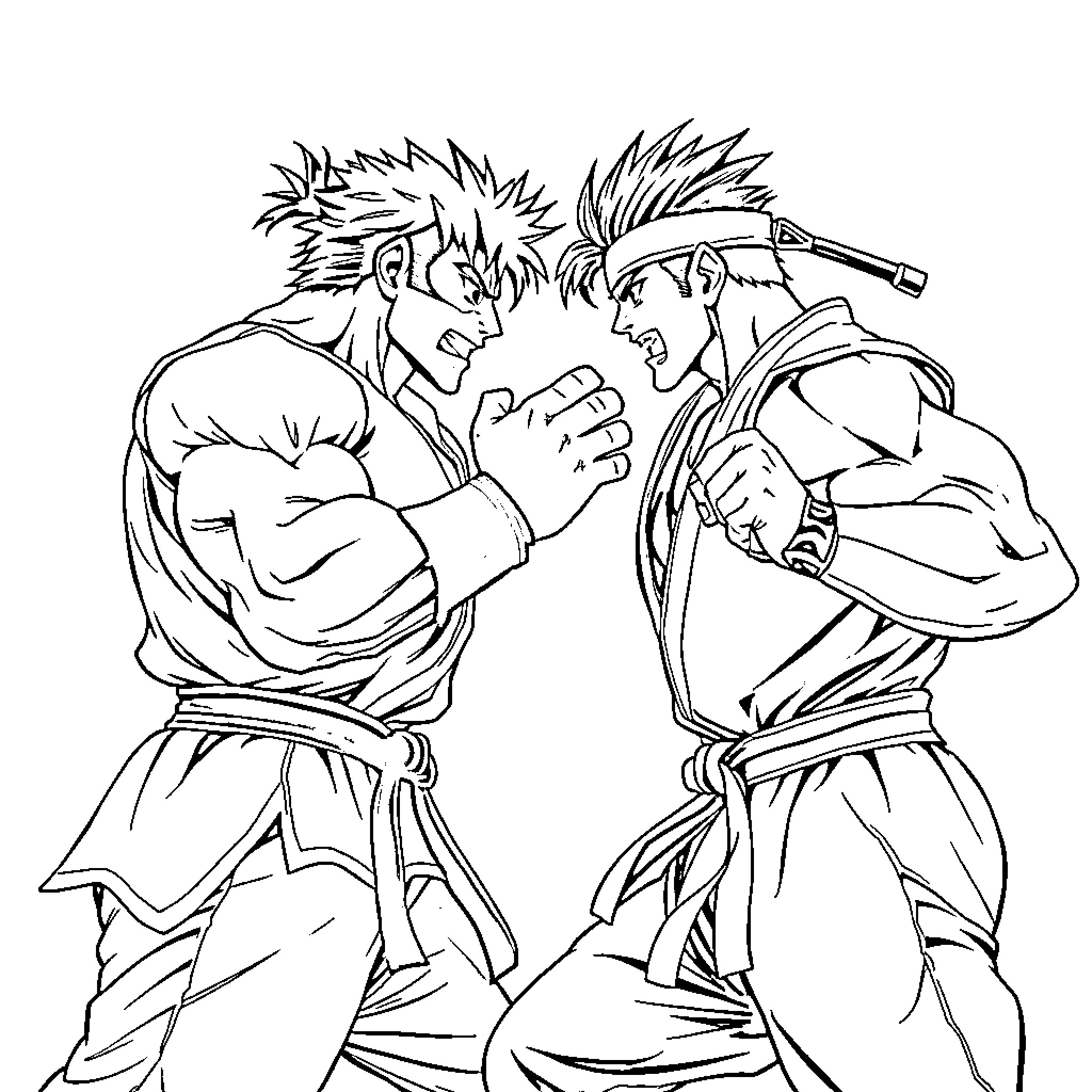 Akuma: Intense Martial Arts Confrontation Coloring Page (free black-and-white line drawing printable PDF for all, from beginners to advanced learners, including children, teens, adults, and seniors)