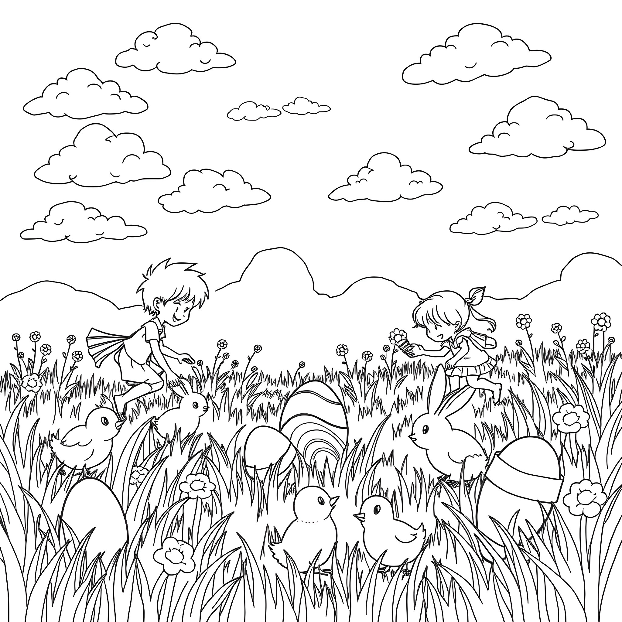 Easter Egg Hunting in the Meadow Coloring Page (free black-and-white line drawing printable PDF for all, from beginners to advanced learners, including children, teens, adults, and seniors)