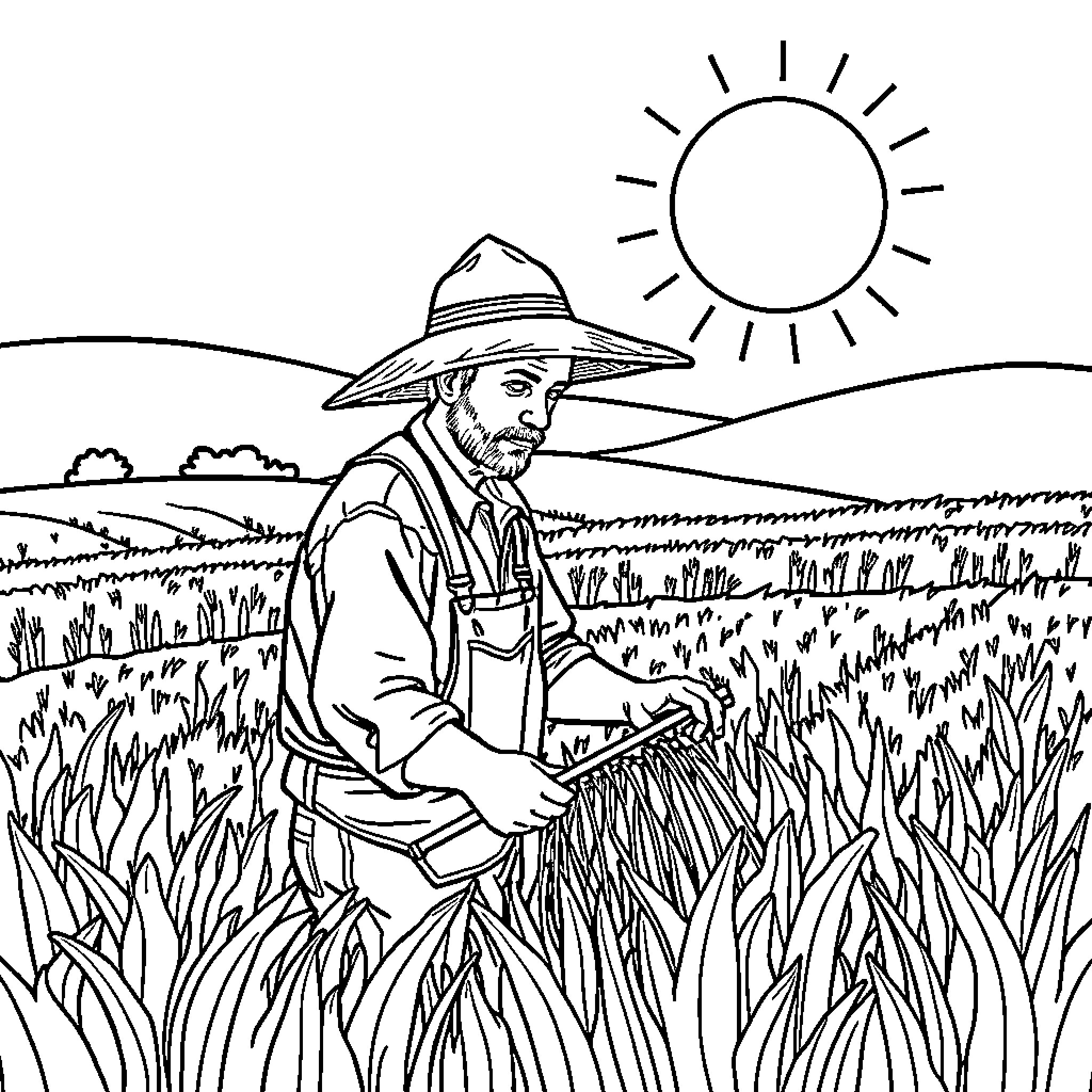 Farmer working diligently in the fields under the sun Coloring Page (free black-and-white line drawing printable PDF for all, from beginners to advanced learners, including children, teens, adults, and seniors)