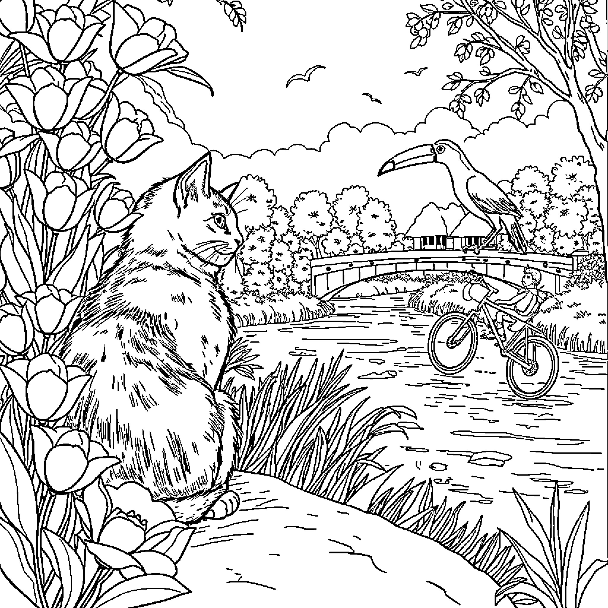 Gatto exploring a serene garden landscape Coloring Page (free black-and-white line drawing printable PDF for all, from beginners to advanced learners, including children, teens, adults, and seniors)