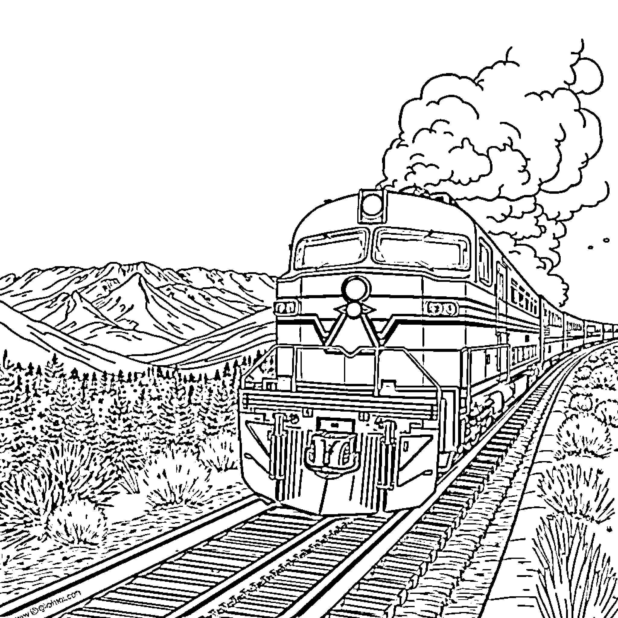 Train traveling through scenic mountain landscape Coloring Page (free black-and-white line drawing printable PDF for all, from beginners to advanced learners, including children, teens, adults, and seniors)