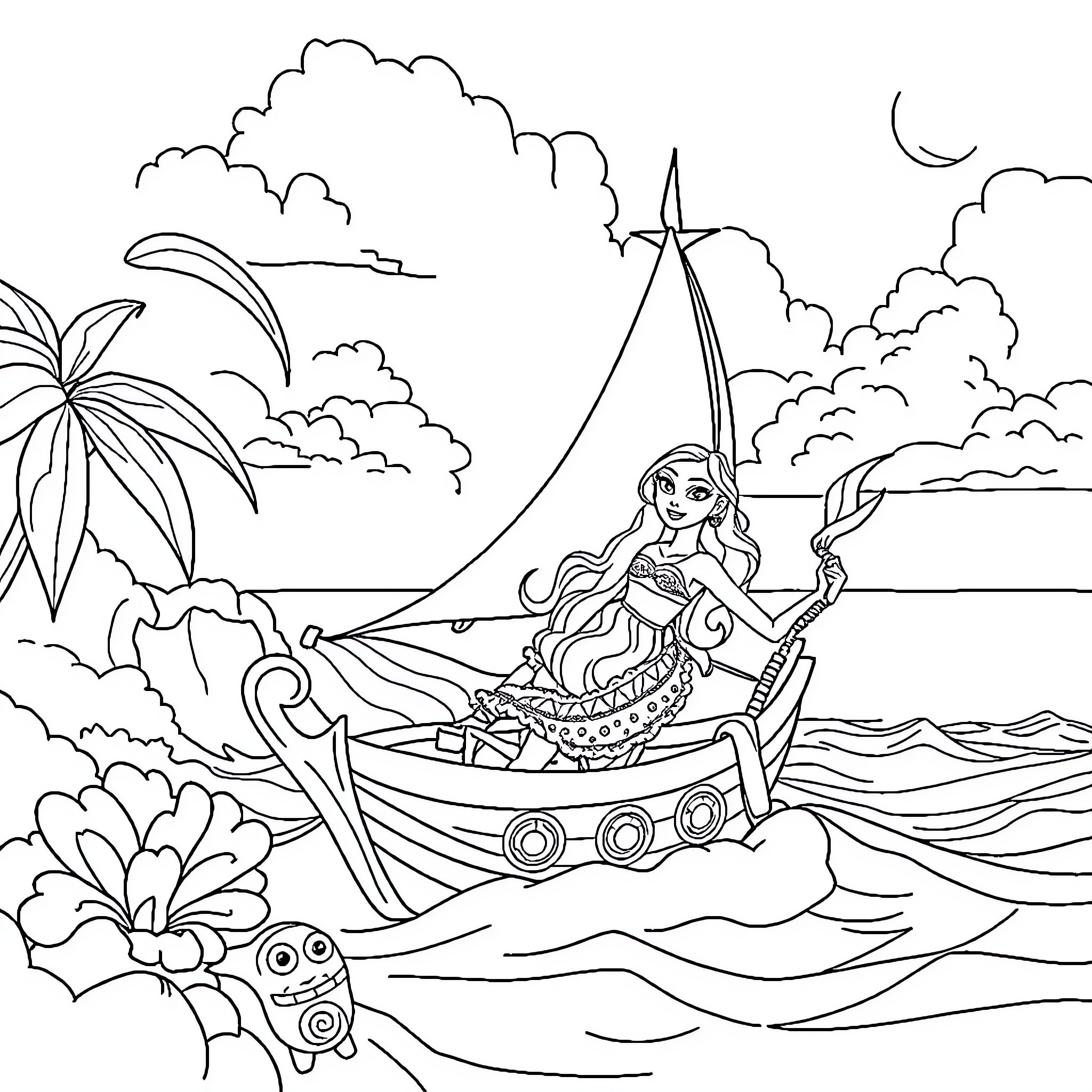 Vaiana navigating her boat through a tropical paradise Coloring Page (free black-and-white line drawing printable PDF for all, from beginners to advanced learners, including children, teens, adults, and seniors)