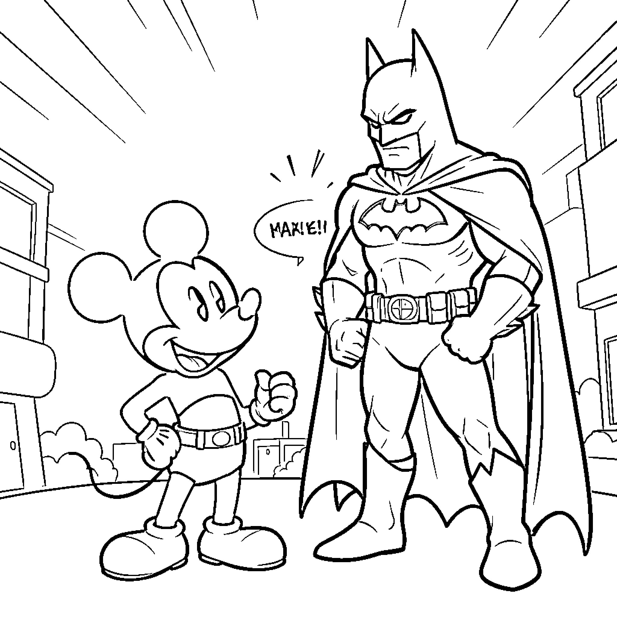 Mickey Mouse interacting with Batman in a city scene Coloring Page (free black-and-white line drawing printable PDF for all, from beginners to advanced learners, including children, teens, adults, and seniors)