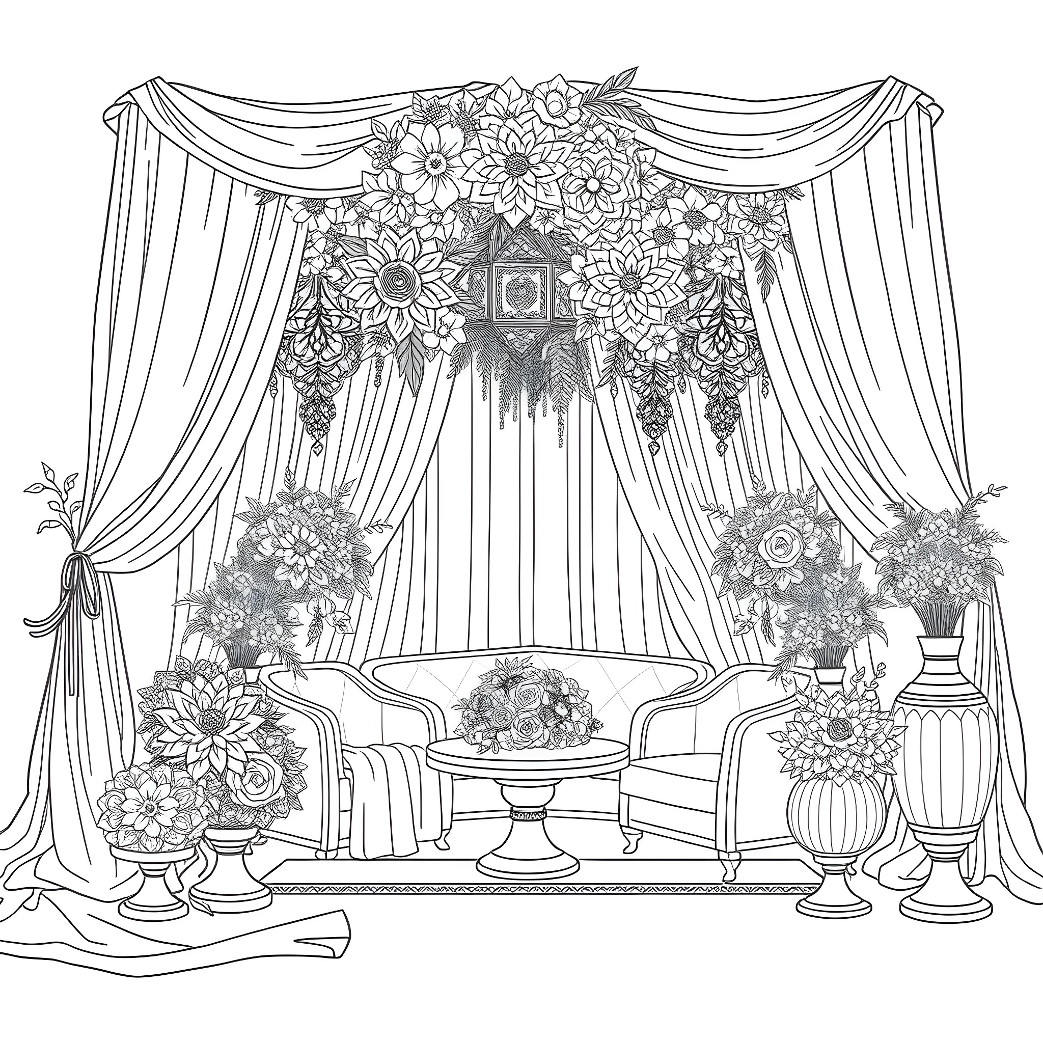 Mandi's Floral-Draped Wedding Ceremony Coloring Page (free black-and-white line drawing printable PDF for all, from beginners to advanced learners, including children, teens, adults, and seniors)