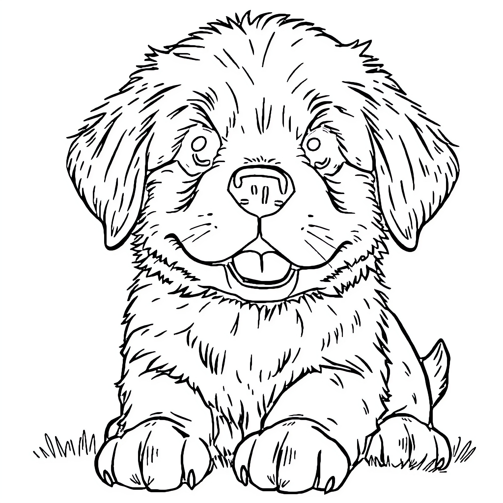 Golden Retriever puppy sitting and smiling Coloring Page (free black-and-white line drawing printable PDF for all, from beginners to advanced learners, including children, teens, adults, and seniors)