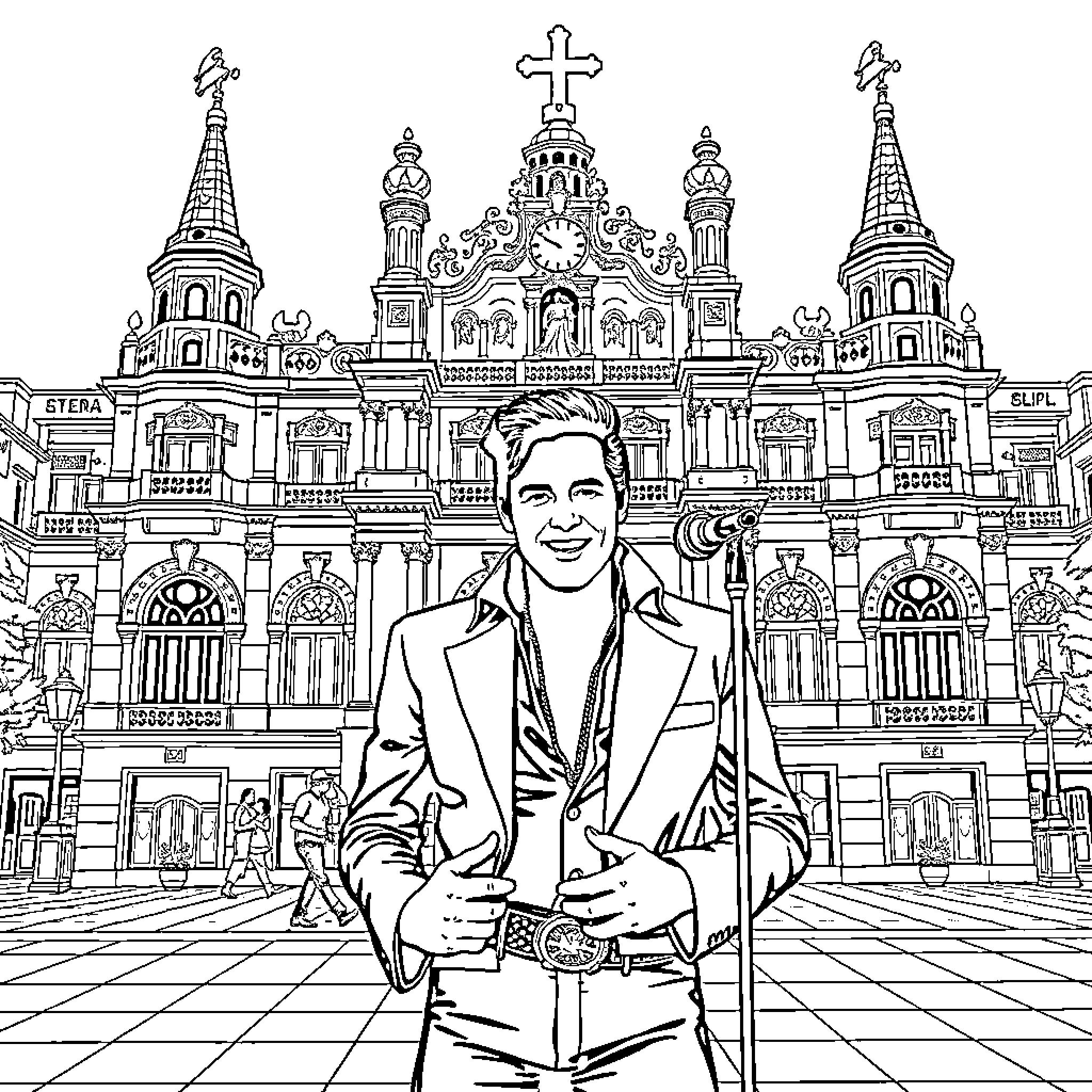 Elvis Presley posing in front of ornate architectural building Coloring Page (free black-and-white line drawing printable PDF for all, from beginners to advanced learners, including children, teens, adults, and seniors)