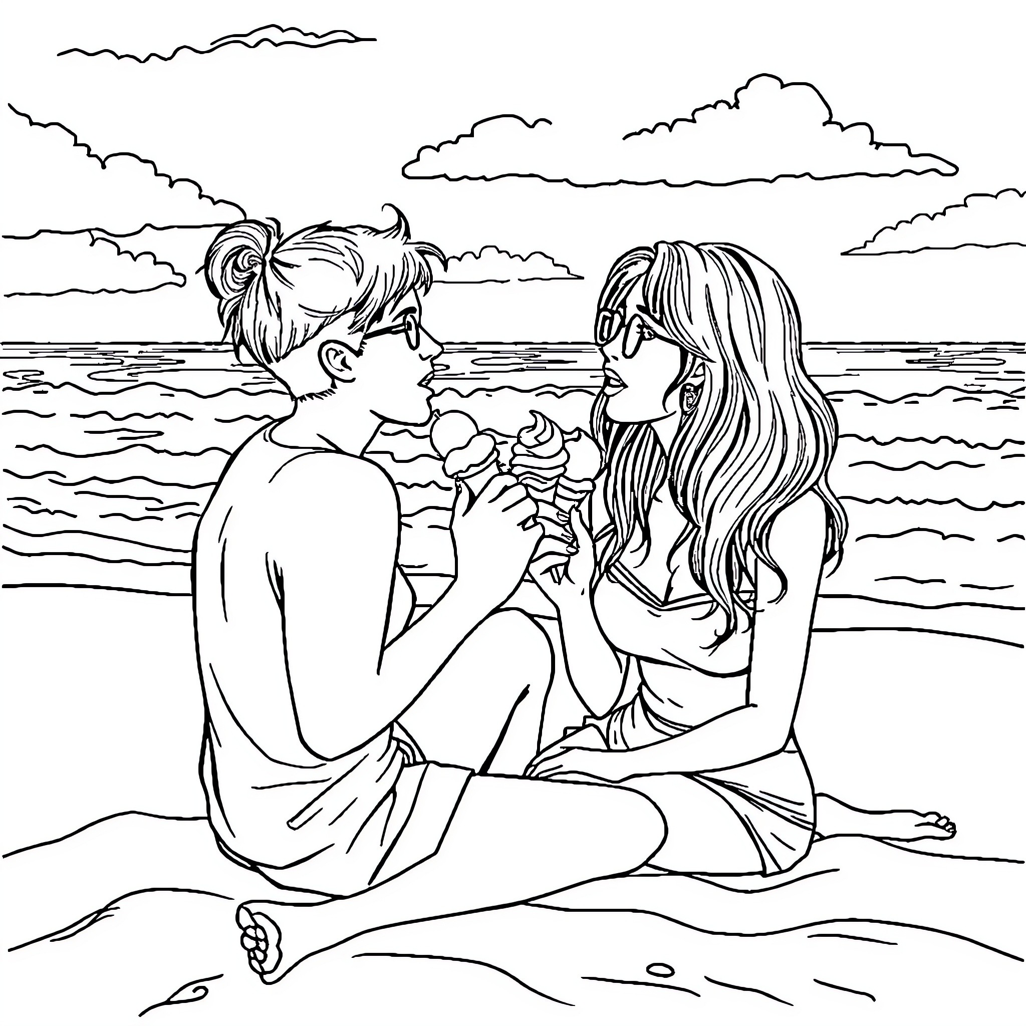 Ice Cream Shared by Couple at Beach Coloring Page (free black-and-white line drawing printable PDF for all, from beginners to advanced learners, including children, teens, adults, and seniors)
