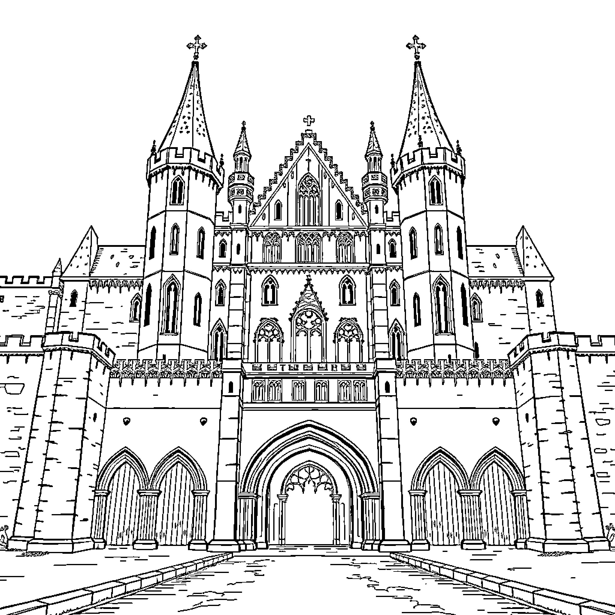 Wing Detailed Gothic Castle Architecture Coloring Page (free black-and-white line drawing printable PDF for all, from beginners to advanced learners, including children, teens, adults, and seniors)