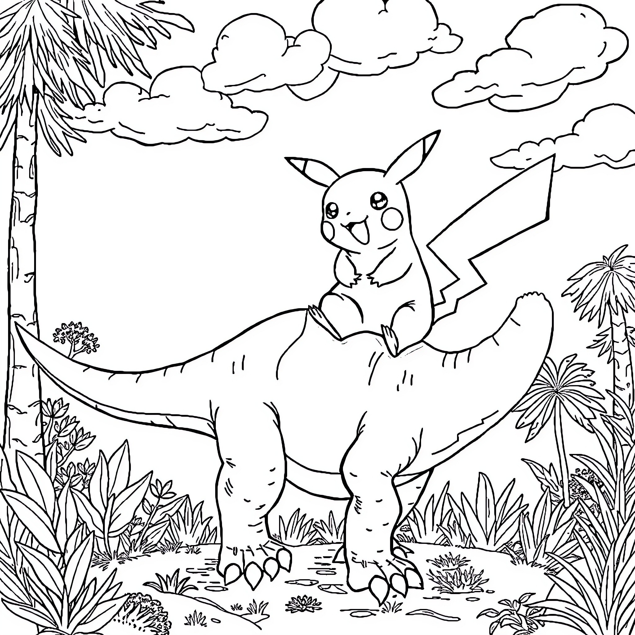 Pikachu enjoying a ride on a friendly dinosaur Coloring Page (free black-and-white line drawing printable PDF for all, from beginners to advanced learners, including children, teens, adults, and seniors)