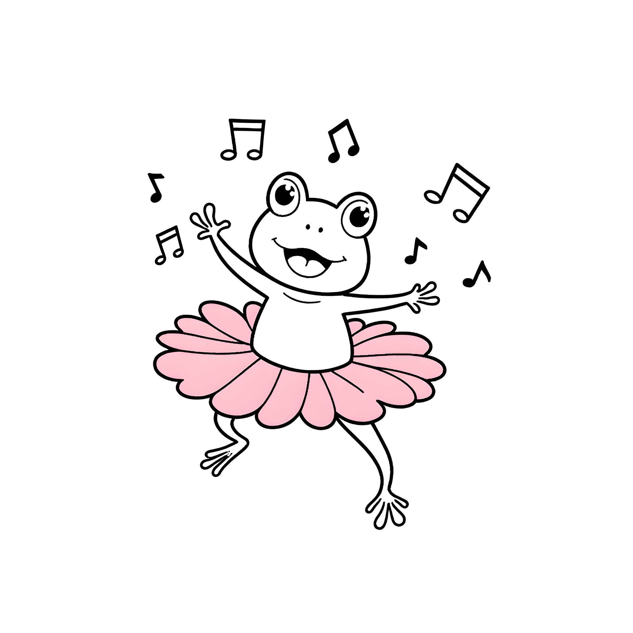 Frog dancing joyfully with musical notes Coloring Page (free black-and-white line drawing printable PDF for all, from beginners to advanced learners, including children, teens, adults, and seniors)