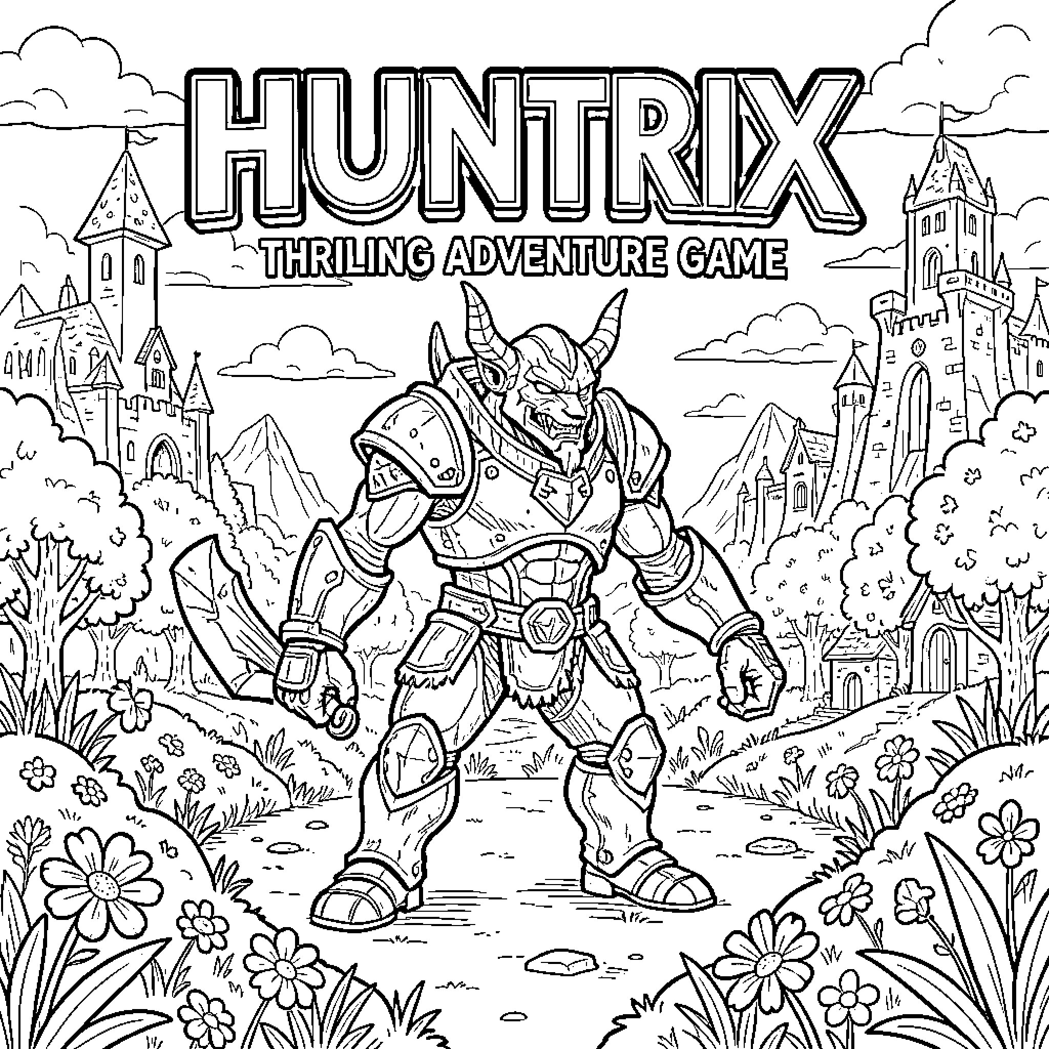 Huntrix Thrilling Adventure Game Coloring Page (free black-and-white line drawing printable PDF for all, from beginners to advanced learners, including children, teens, adults, and seniors)