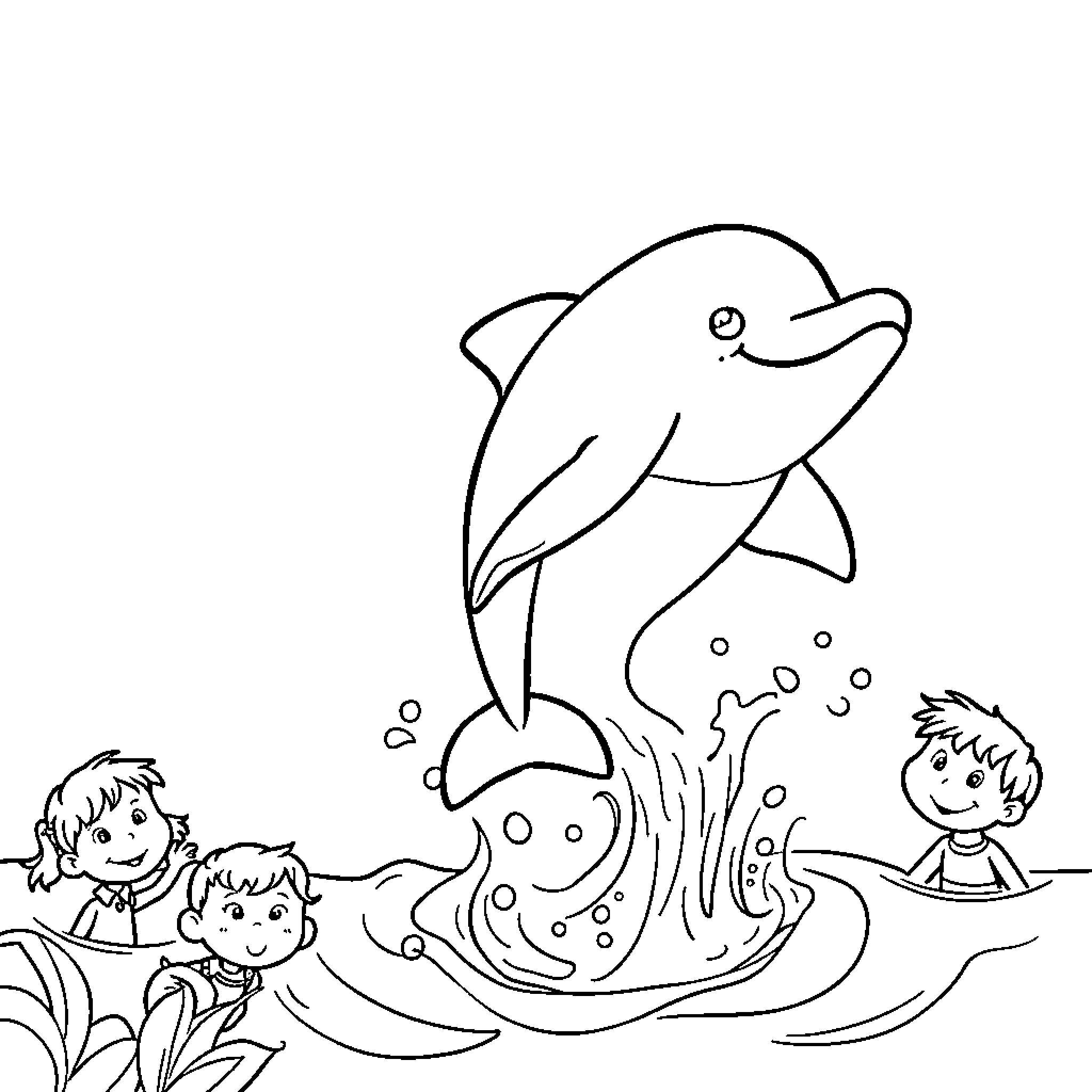 Dolphin playing with children in the water Coloring Page (free black-and-white line drawing printable PDF for all, from beginners to advanced learners, including children, teens, adults, and seniors)