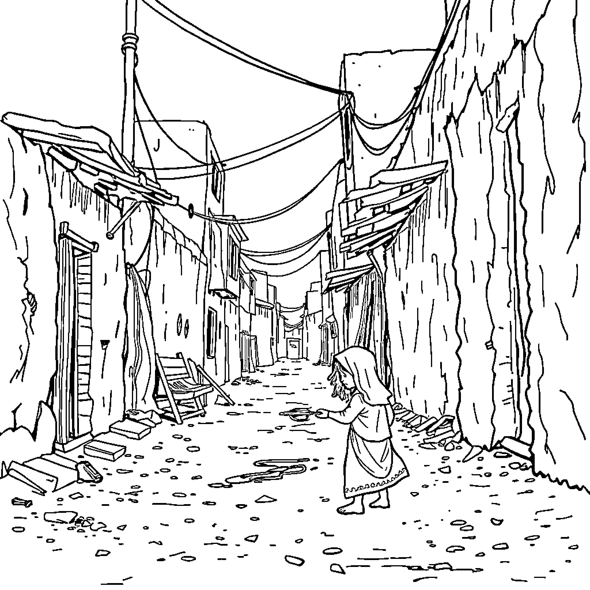 Kid walking through a dilapidated alley Coloring Page (free black-and-white line drawing printable PDF for all, from beginners to advanced learners, including children, teens, adults, and seniors)