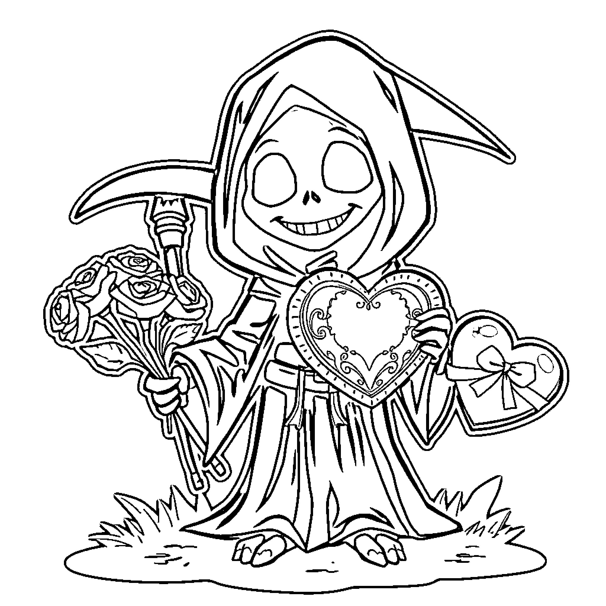 Grim Reaper with hearts, flowers, and gifts Coloring Page (free black-and-white line drawing printable PDF for all, from beginners to advanced learners, including children, teens, adults, and seniors)
