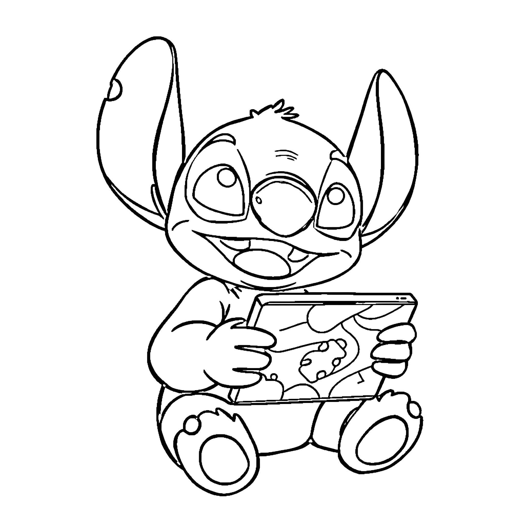 Stitch playing with a toy in his hands Coloring Page (free black-and-white line drawing printable PDF for all, from beginners to advanced learners, including children, teens, adults, and seniors)