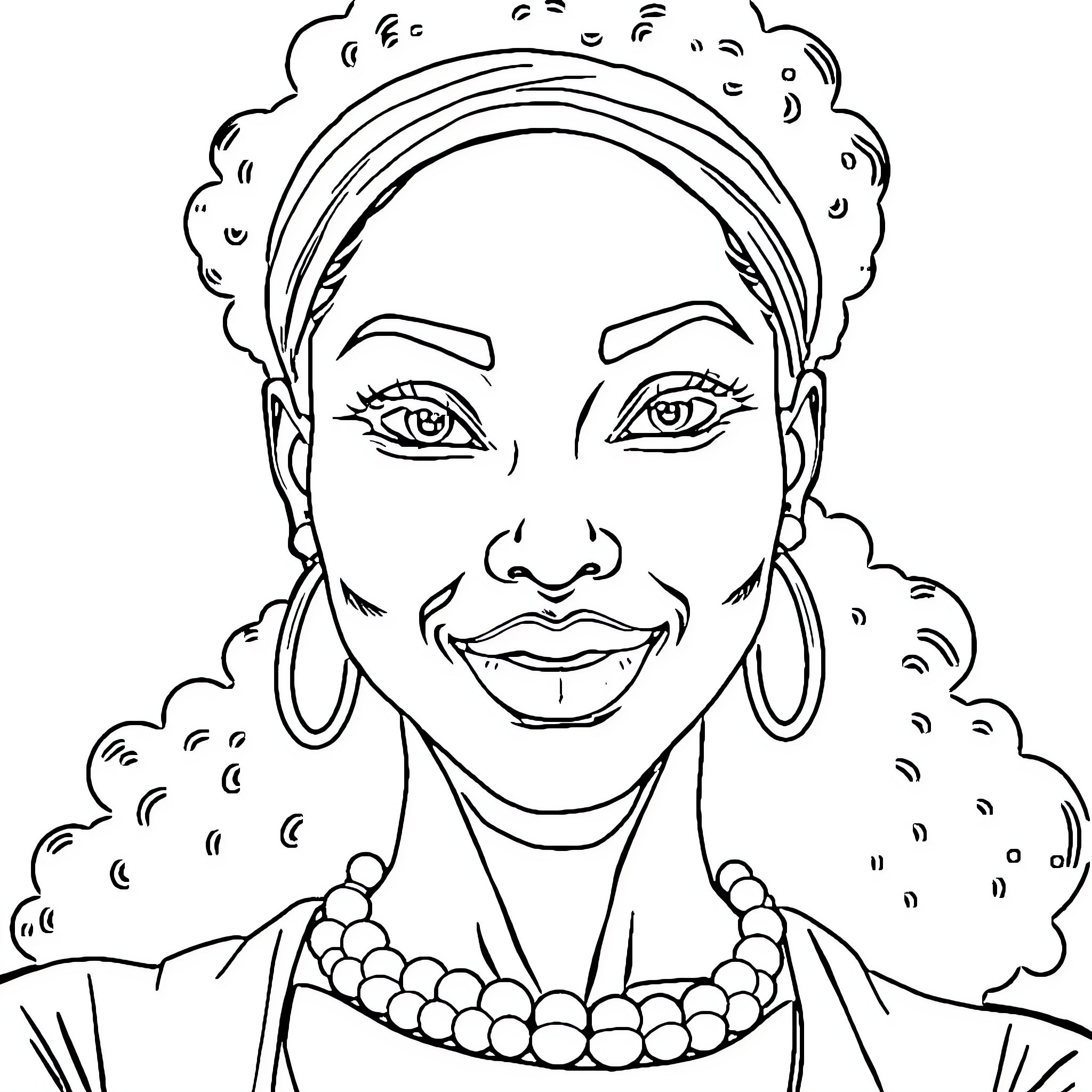 Woman with vibrant expression and distinctive attire Coloring Page (free black-and-white line drawing printable PDF for all, from beginners to advanced learners, including children, teens, adults, and seniors)