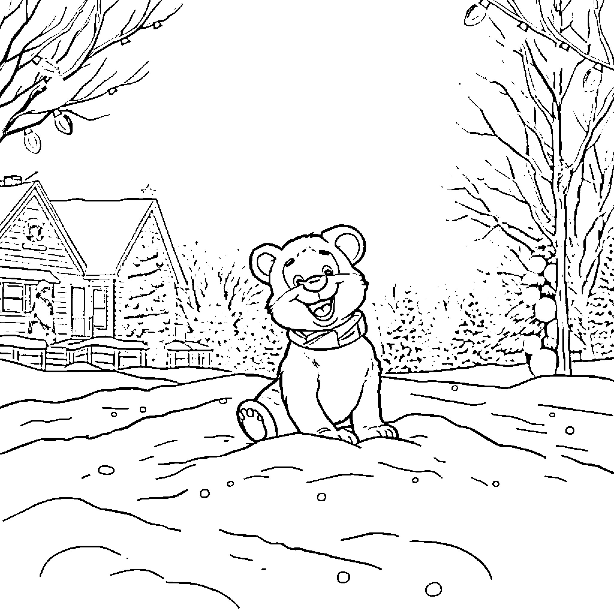 Bluey playing in the snowy forest Coloring Page (free black-and-white line drawing printable PDF for all, from beginners to advanced learners, including children, teens, adults, and seniors)