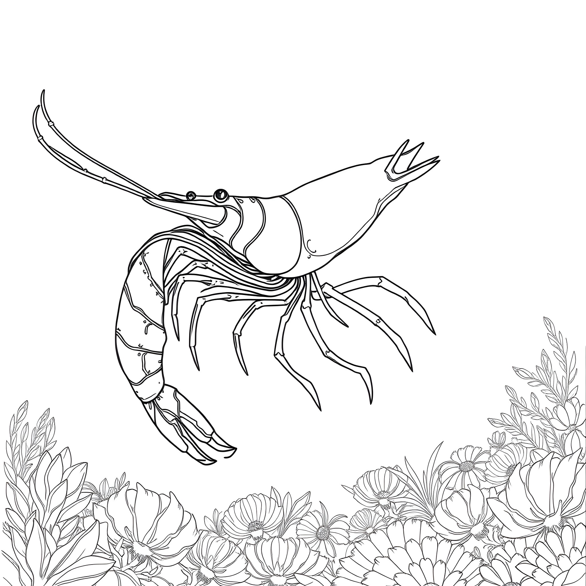 Shrimp swimming among delicate flowers Coloring Page (free black-and-white line drawing printable PDF for all, from beginners to advanced learners, including children, teens, adults, and seniors)