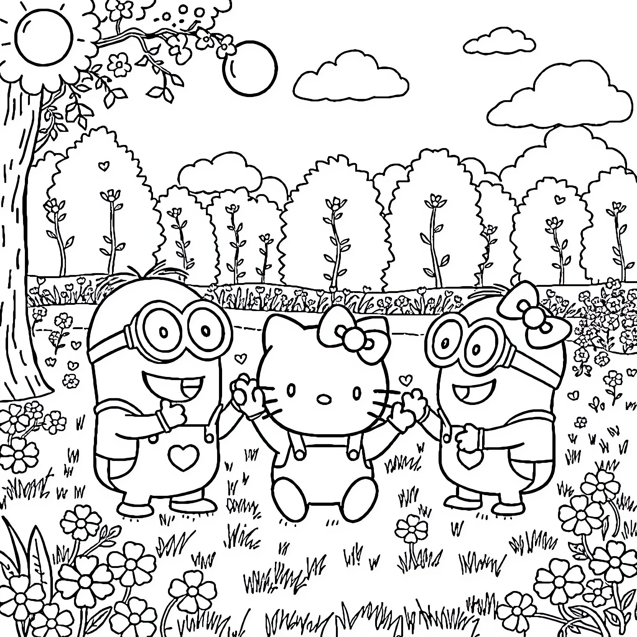 Minions and friends playing in the forest Coloring Page (free black-and-white line drawing printable PDF for all, from beginners to advanced learners, including children, teens, adults, and seniors)