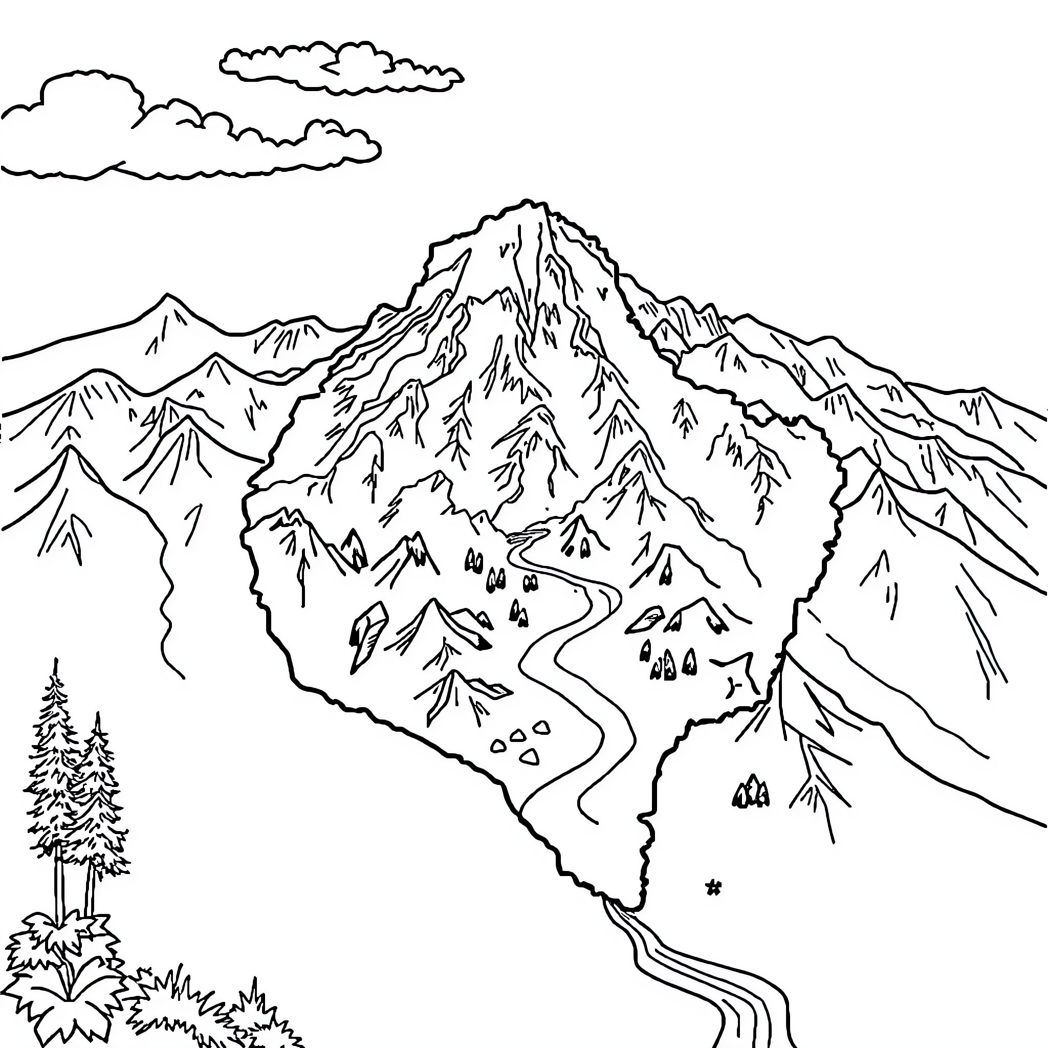 Ecuador Map of Majestic Mountain Ranges Coloring Page (free black-and-white line drawing printable PDF for all, from beginners to advanced learners, including children, teens, adults, and seniors)