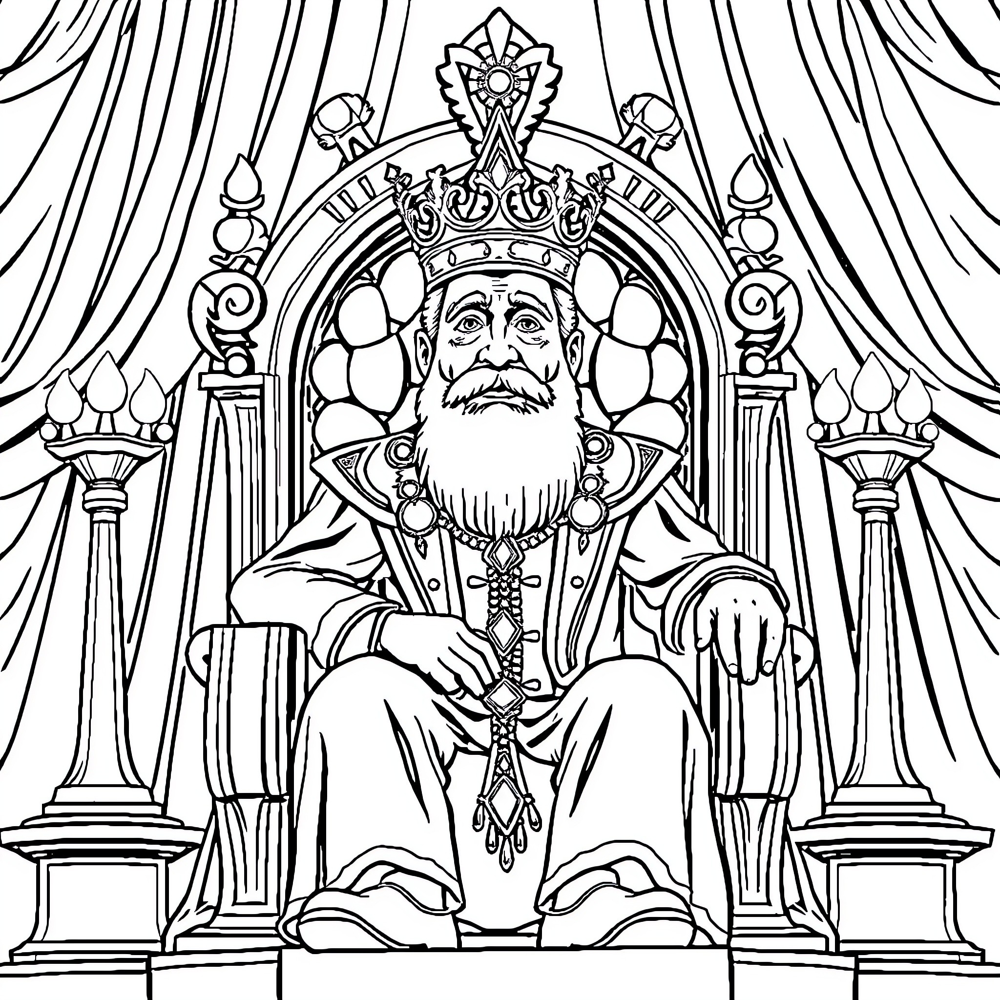 Hank J Wimbleton as a majestic king on a decorated throne Coloring Page (free black-and-white line drawing printable PDF for all, from beginners to advanced learners, including children, teens, adults, and seniors)