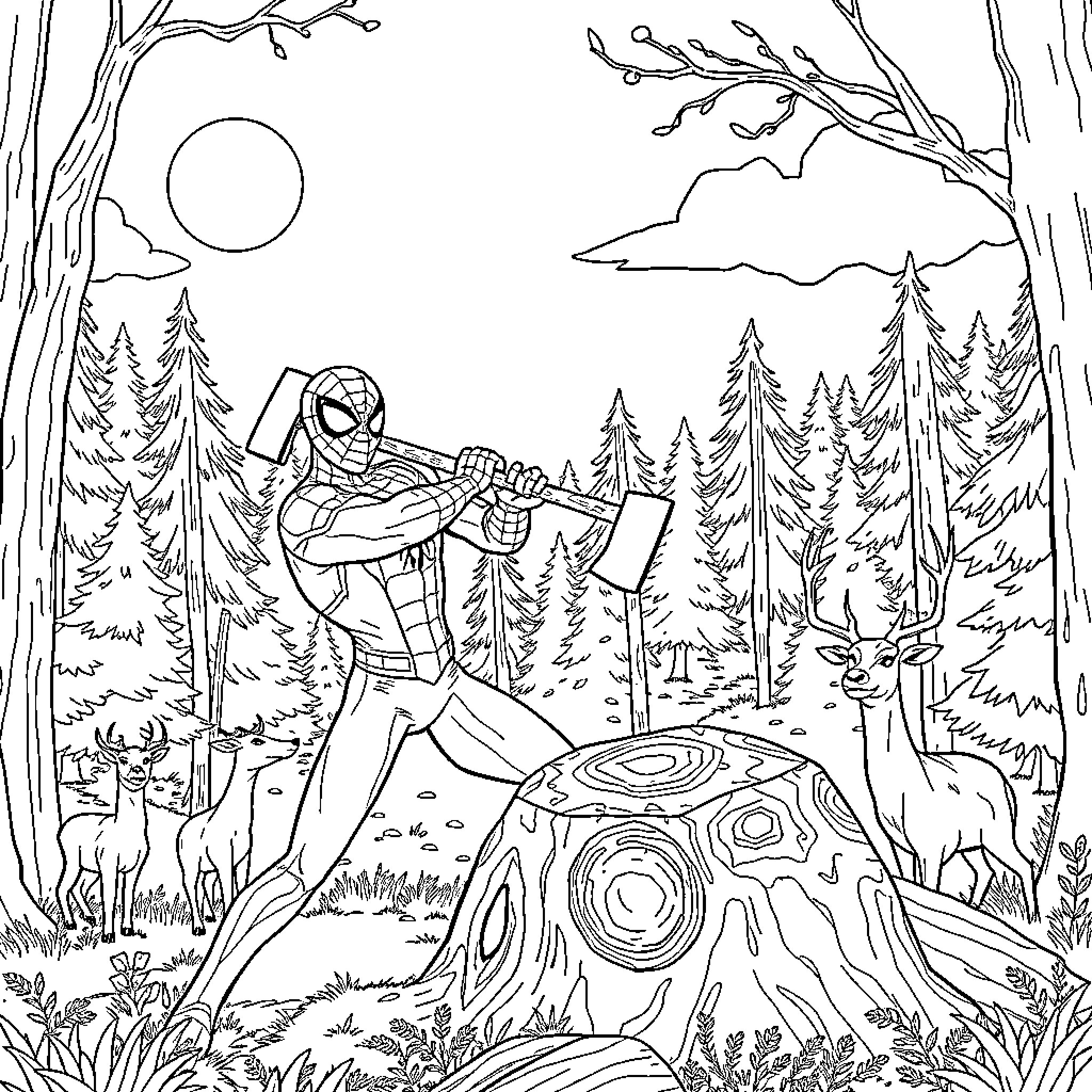Spiderman adventuring in the forest Coloring Page (free black-and-white line drawing printable PDF for all, from beginners to advanced learners, including children, teens, adults, and seniors)