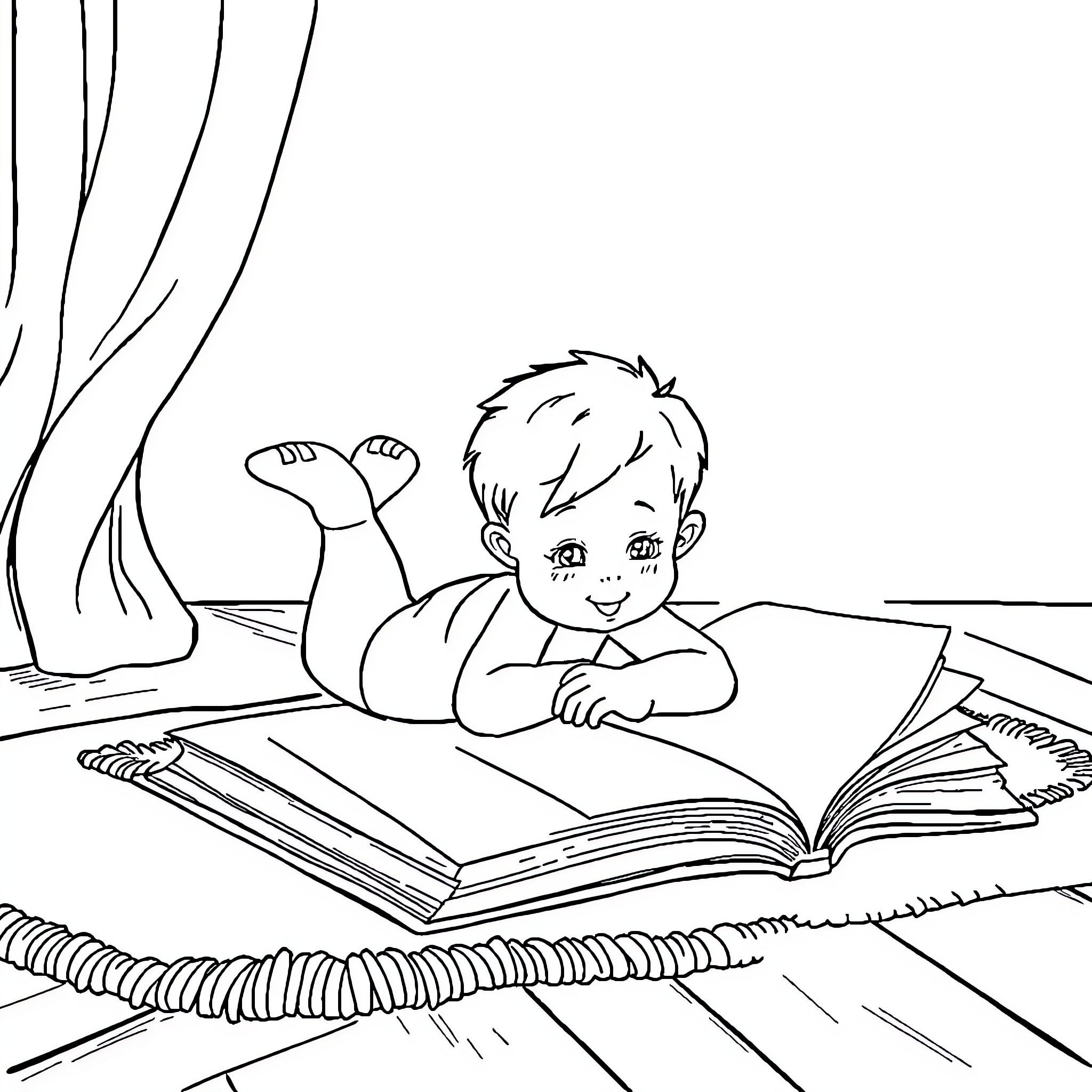 Child reading an open book on the floor Coloring Page (free black-and-white line drawing printable PDF for all, from beginners to advanced learners, including children, teens, adults, and seniors)