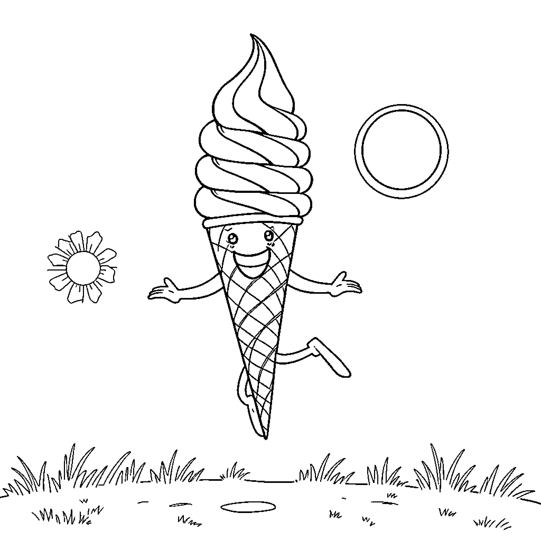Ice Cream Cone Joyfully Dancing on Grass Coloring Page (free black-and-white line drawing printable PDF for all, from beginners to advanced learners, including children, teens, adults, and seniors)