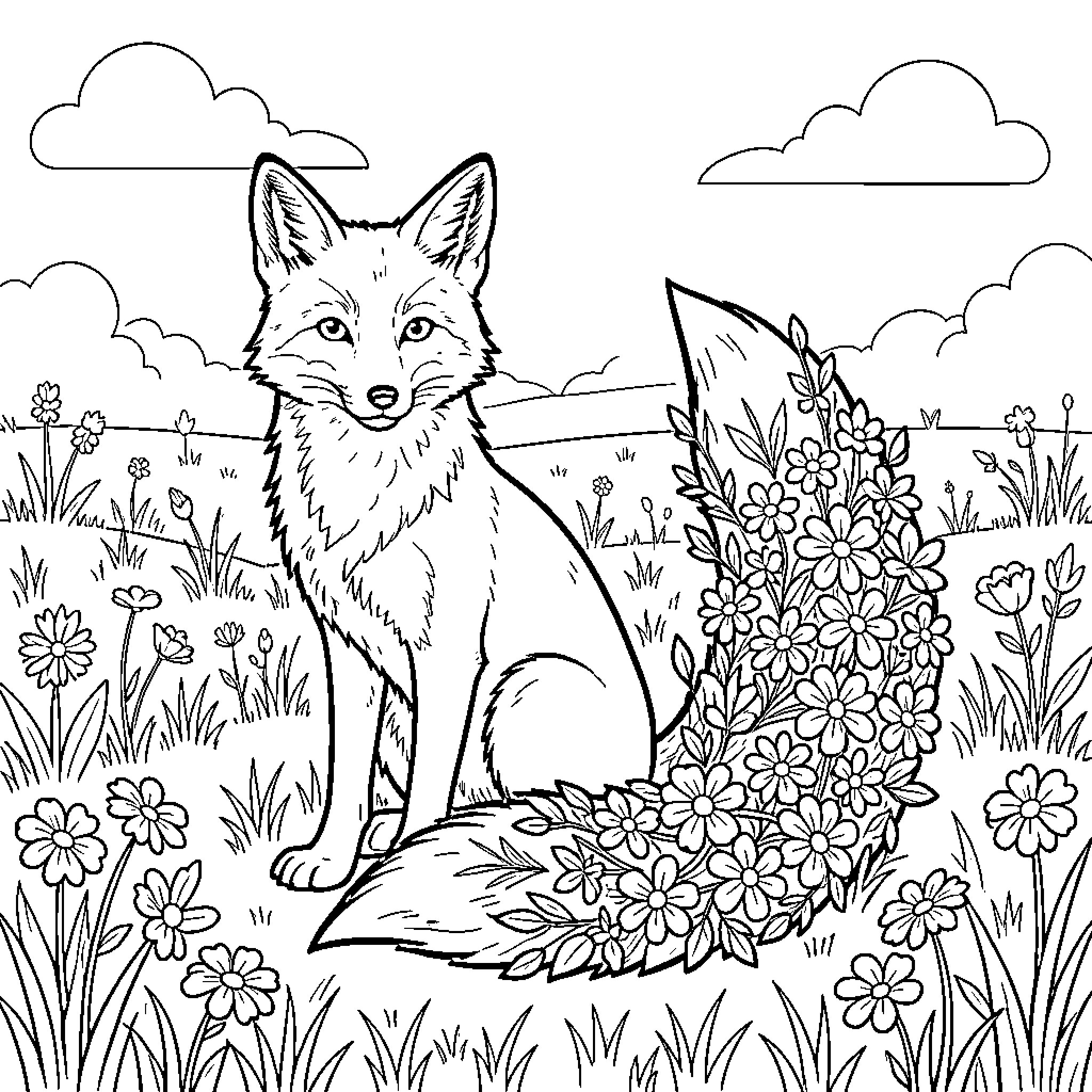 Fox sitting peacefully in a field of flowers Coloring Page (free black-and-white line drawing printable PDF for all, from beginners to advanced learners, including children, teens, adults, and seniors)
