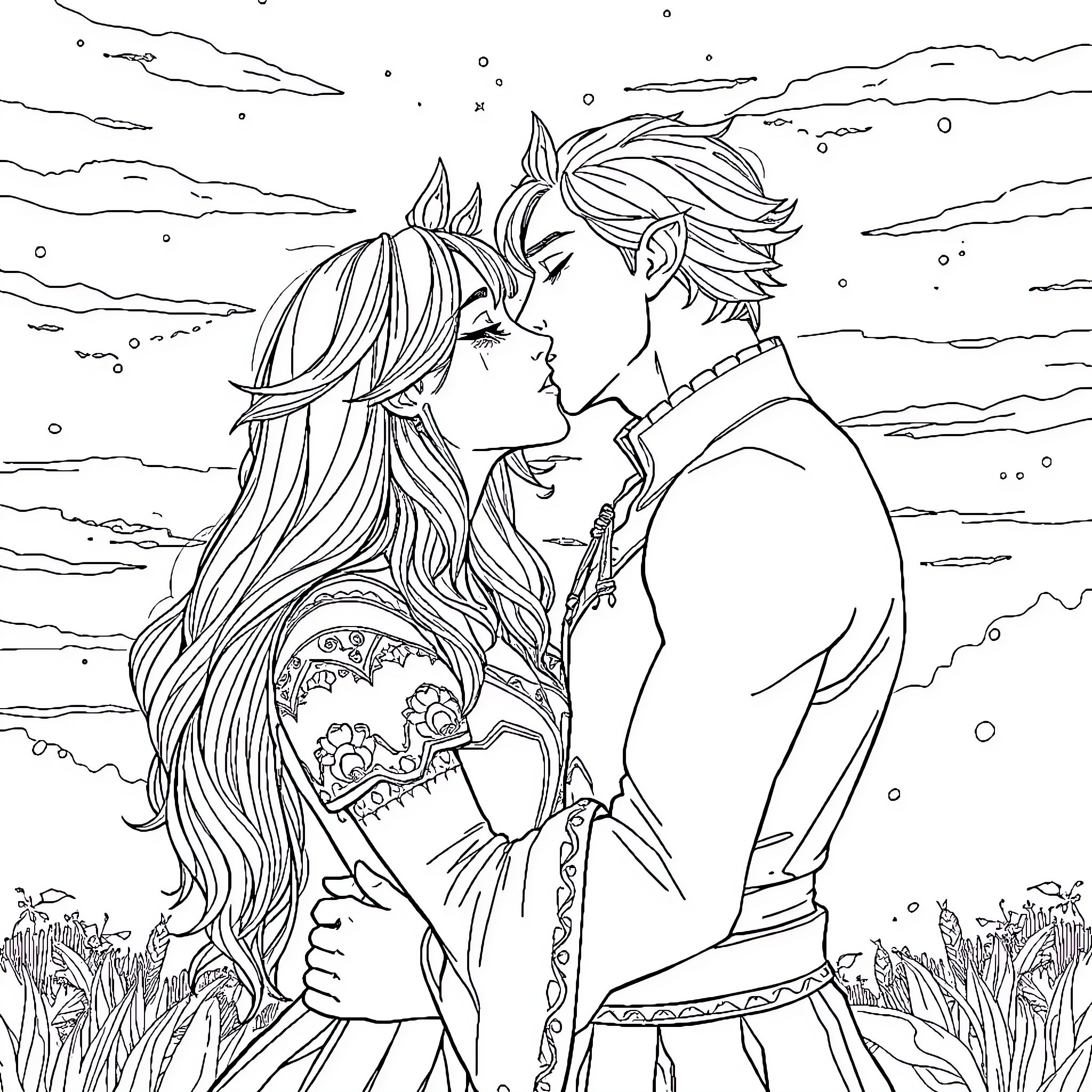Rowan Whitethorn's romantic moment with a loved one Coloring Page (free black-and-white line drawing printable PDF for all, from beginners to advanced learners, including children, teens, adults, and seniors)