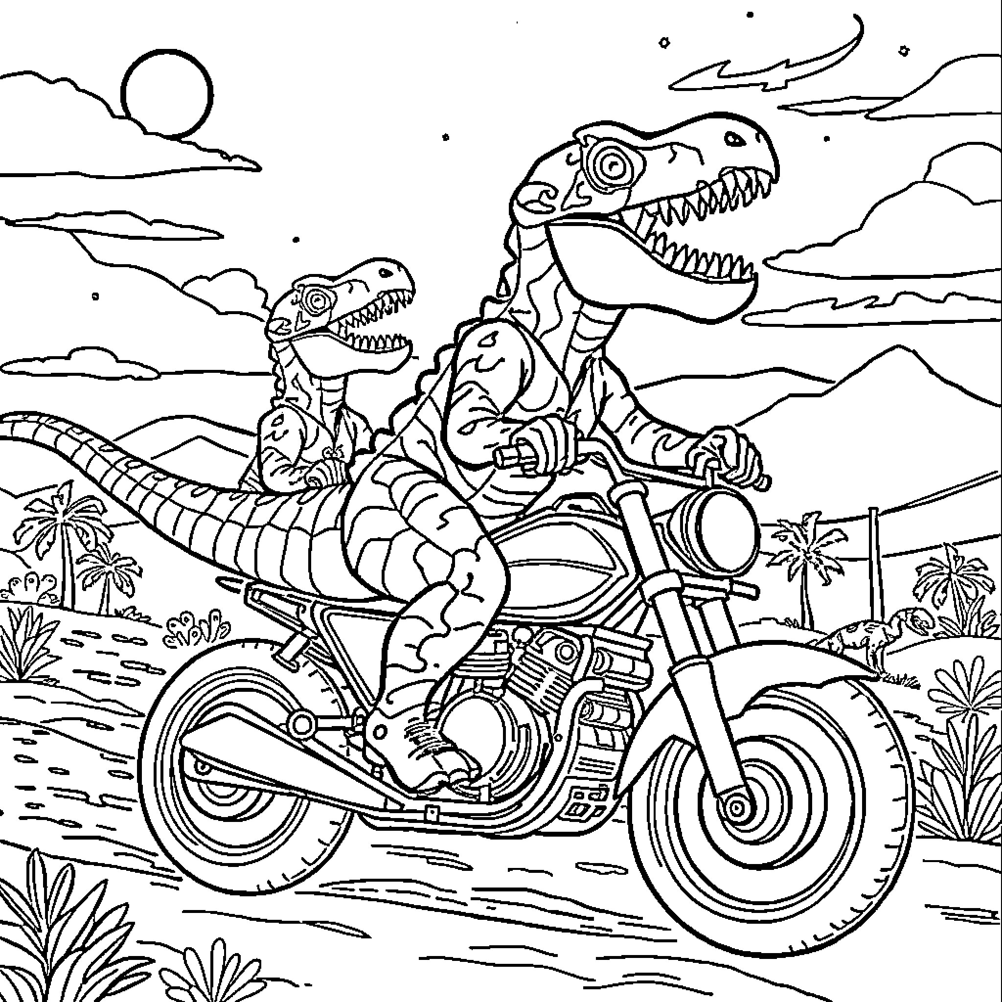 Dinosaurs riding motorcycles through the wilderness Coloring Page (free black-and-white line drawing printable PDF for all, from beginners to advanced learners, including children, teens, adults, and seniors)