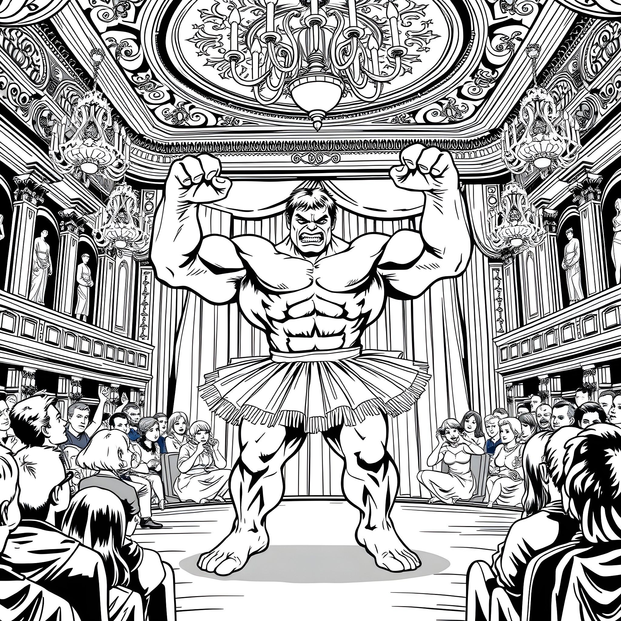 Hulk's Majestic Performance in a Captivating Setting Coloring Page (free black-and-white line drawing printable PDF for all, from beginners to advanced learners, including children, teens, adults, and seniors)