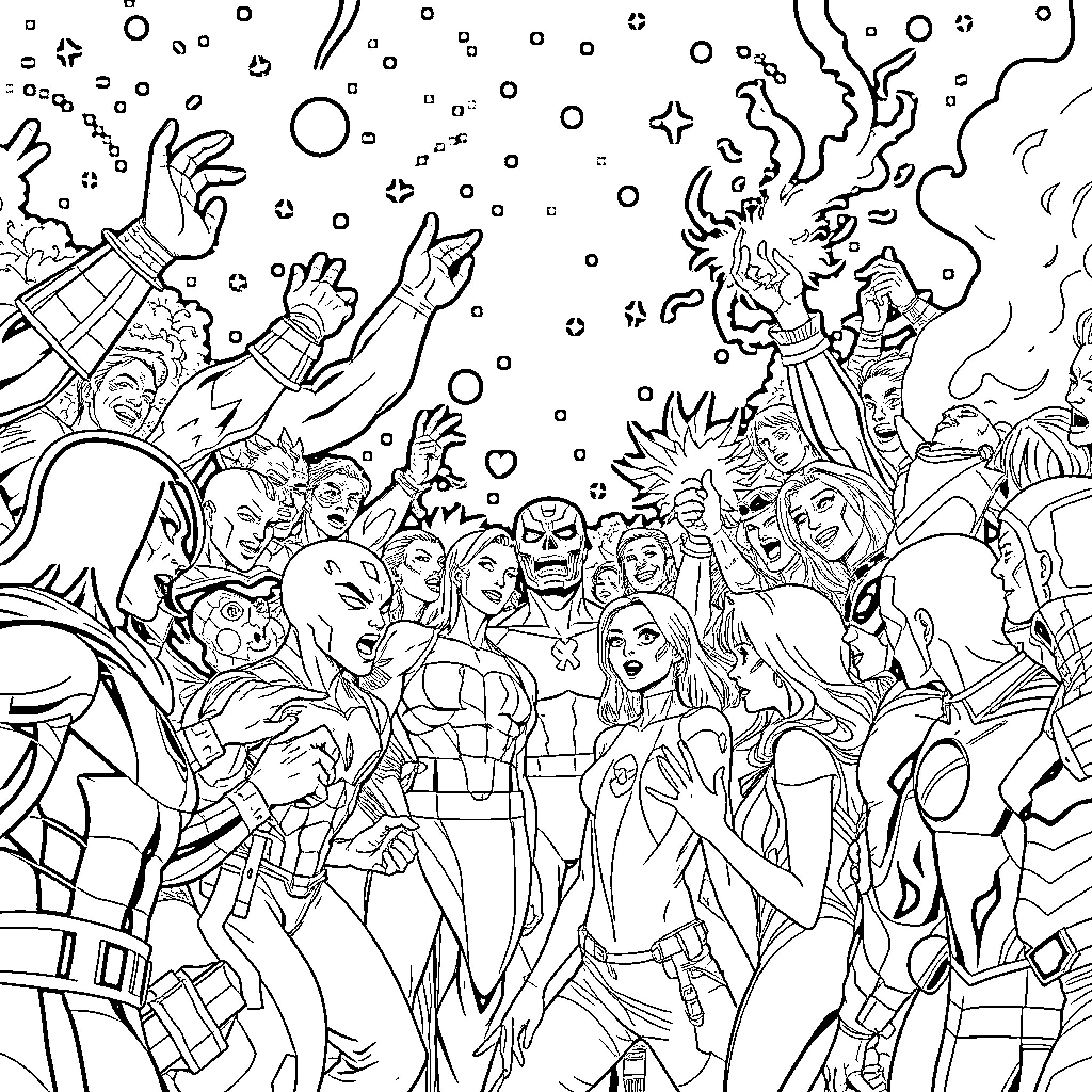 Marvel Characters in Vibrant, Heroic Scenes Coloring Page (free black-and-white line drawing printable PDF for all, from beginners to advanced learners, including children, teens, adults, and seniors)