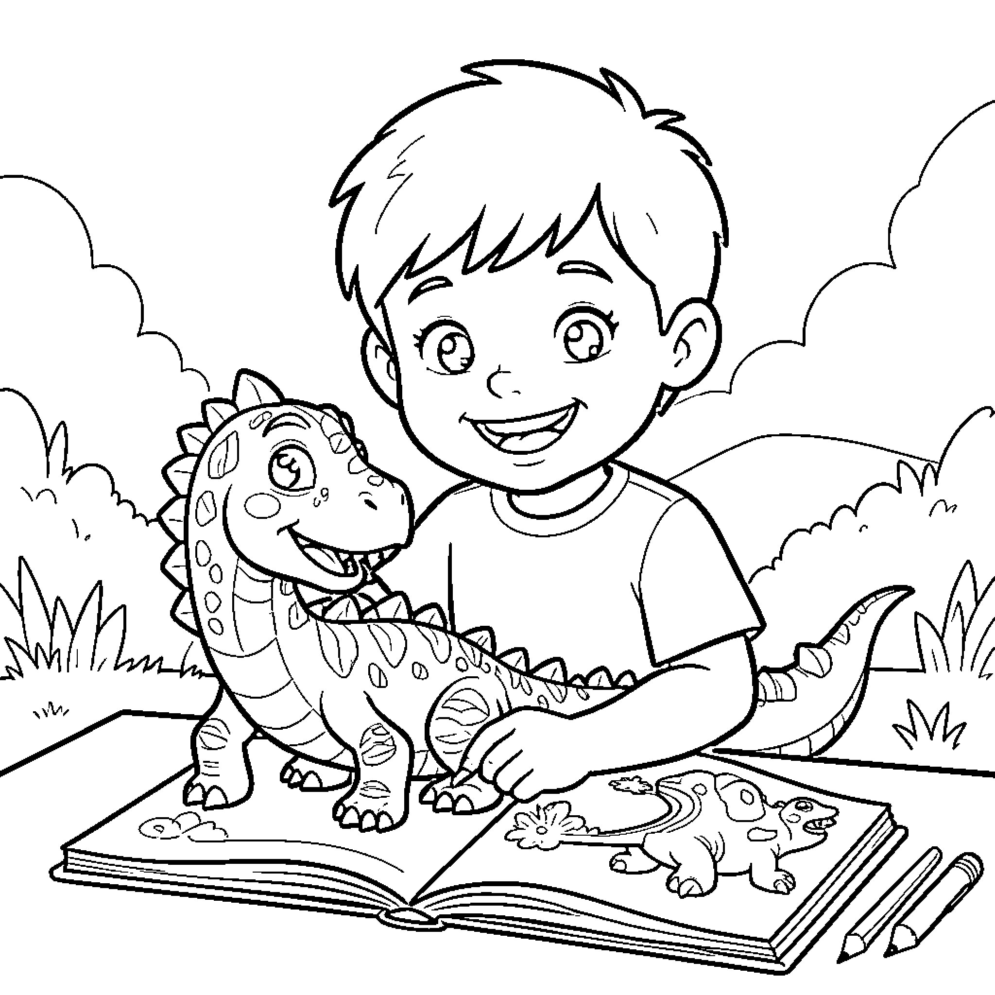 Niño playing with dinosaurs in the park Coloring Page (free black-and-white line drawing printable PDF for all, from beginners to advanced learners, including children, teens, adults, and seniors)