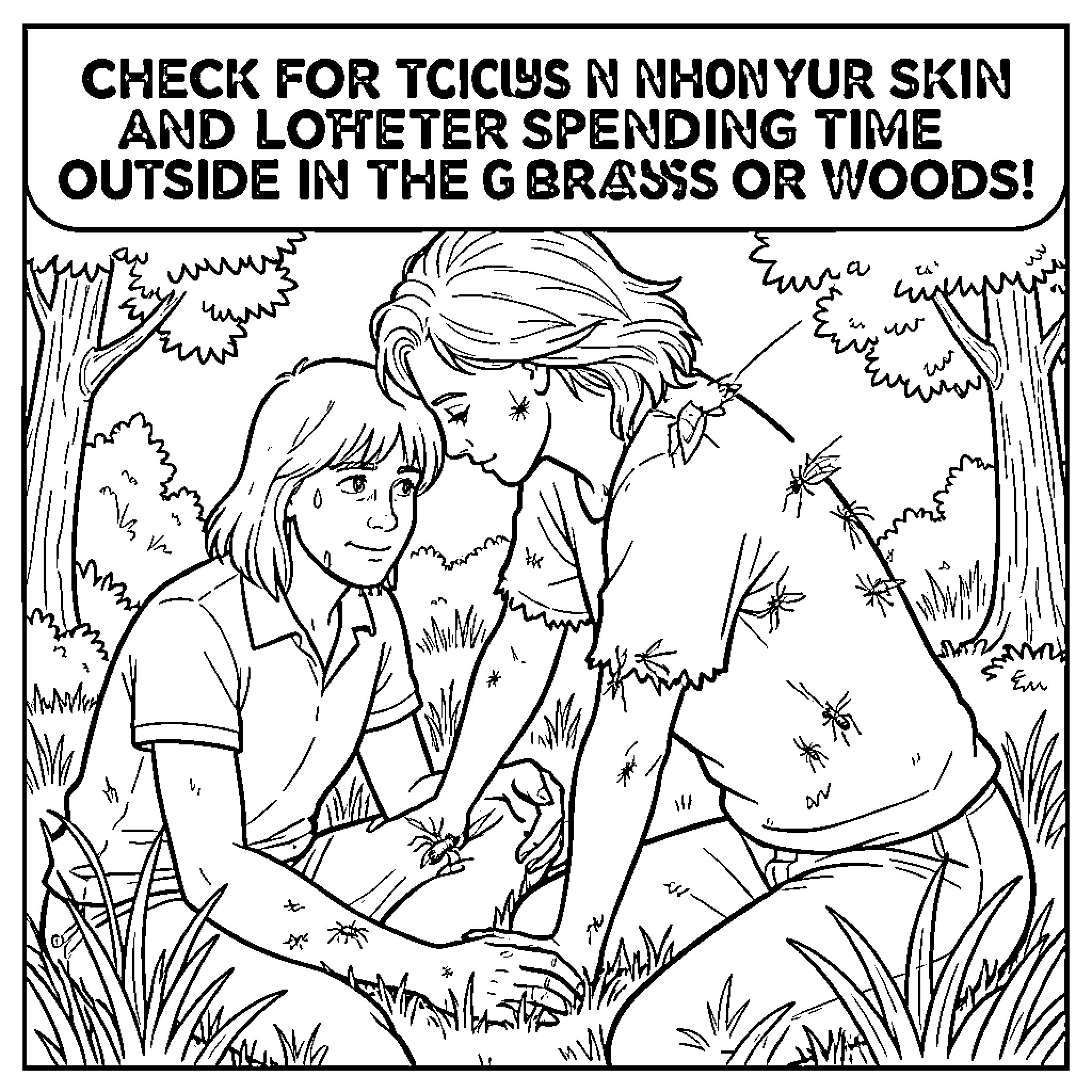 Tick Check for Ticks and Outdoor Enjoyment Coloring Page (free black-and-white line drawing printable PDF for all, from beginners to advanced learners, including children, teens, adults, and seniors)